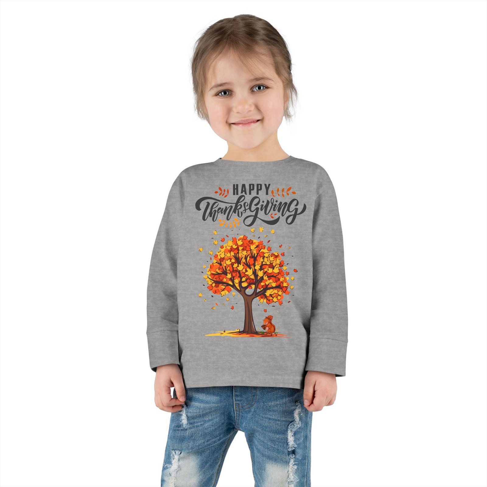 thanksgiving toddler long sleeve tee, cute fall outfit for kids, autumn tree design, holiday apparel, family gathering wear