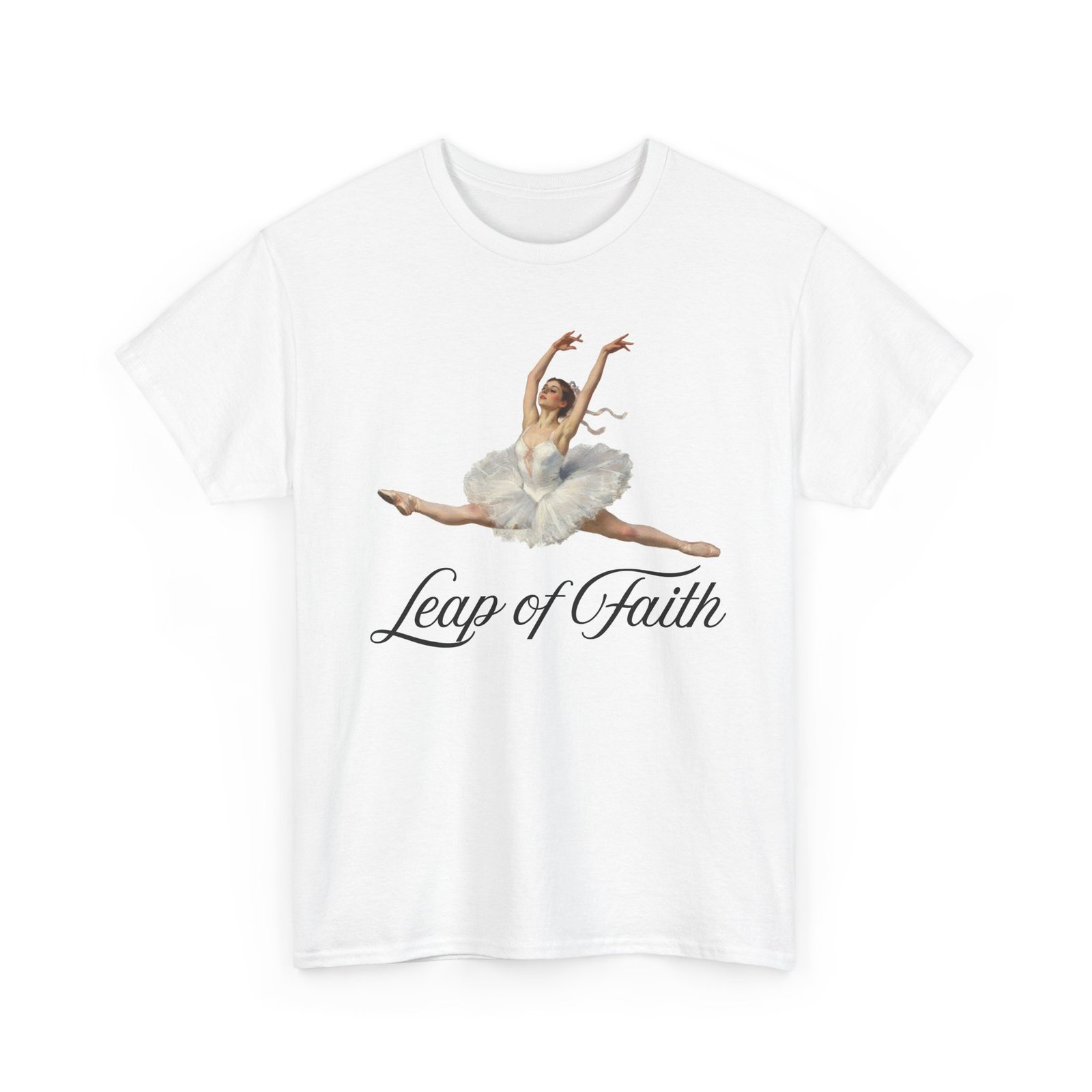 ballet inspired tee leap of faith, dance gift, unisex cotton shirt, inspirational apparel, performance wear, gift for dancers ballerina in a split leap, designed with an impressionist flair, echoing timeless ballet elegance