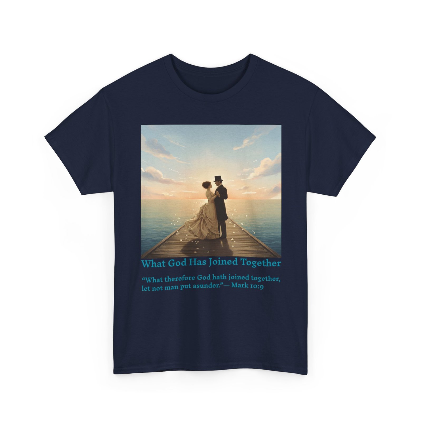 romantic couple on a pier at sunset wedding quote t shirt, unisex heavy cotton tee, casual wear, gift for newlyweds, bride & groom apparel, anniversary gift