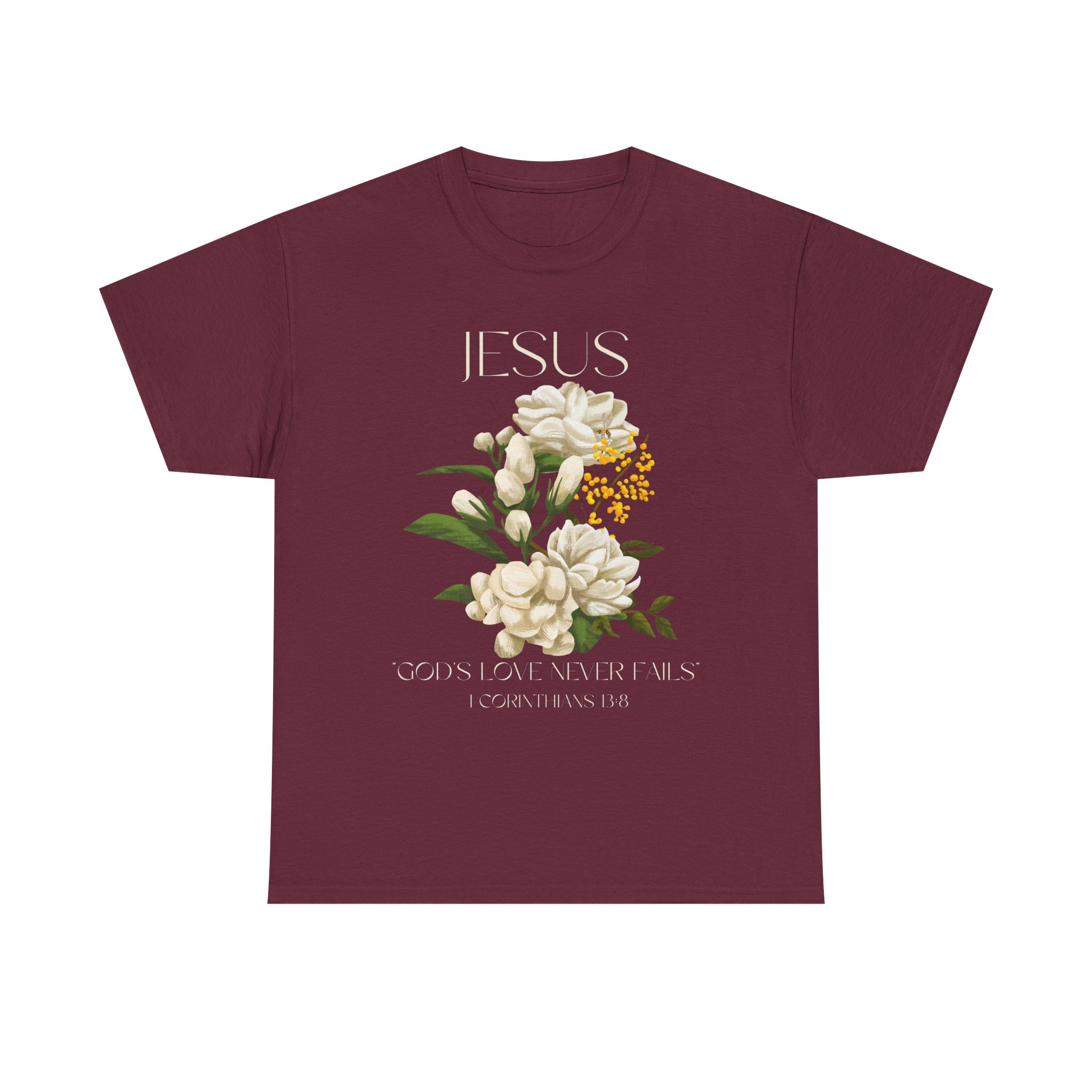 floral jesus god's love never fails graphic tee | unisex cotton t shirt for faith & inspiration, ideal for gifts, casual wear, church events, and celebrations