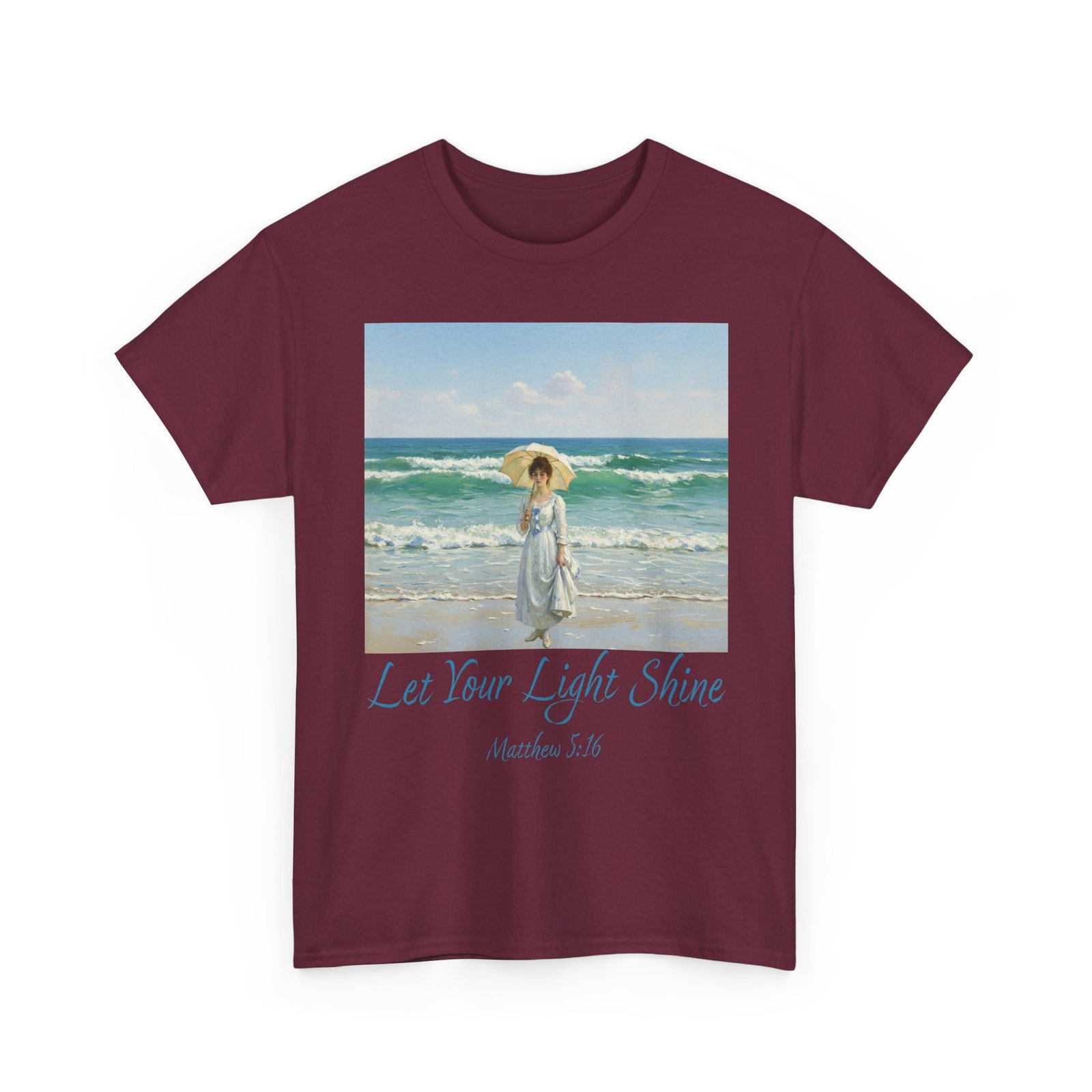 let your light shine christian tee – impressionist style parasol figure, unisex cotton shirt, inspirational beach vibes top, summer casual gift for her