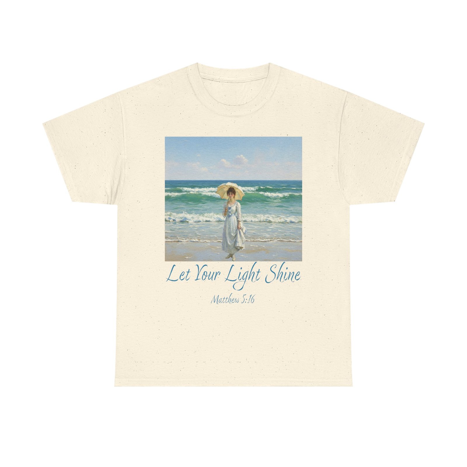 let your light shine christian tee – impressionist style parasol figure, unisex cotton shirt, inspirational beach vibes top, summer casual gift for her