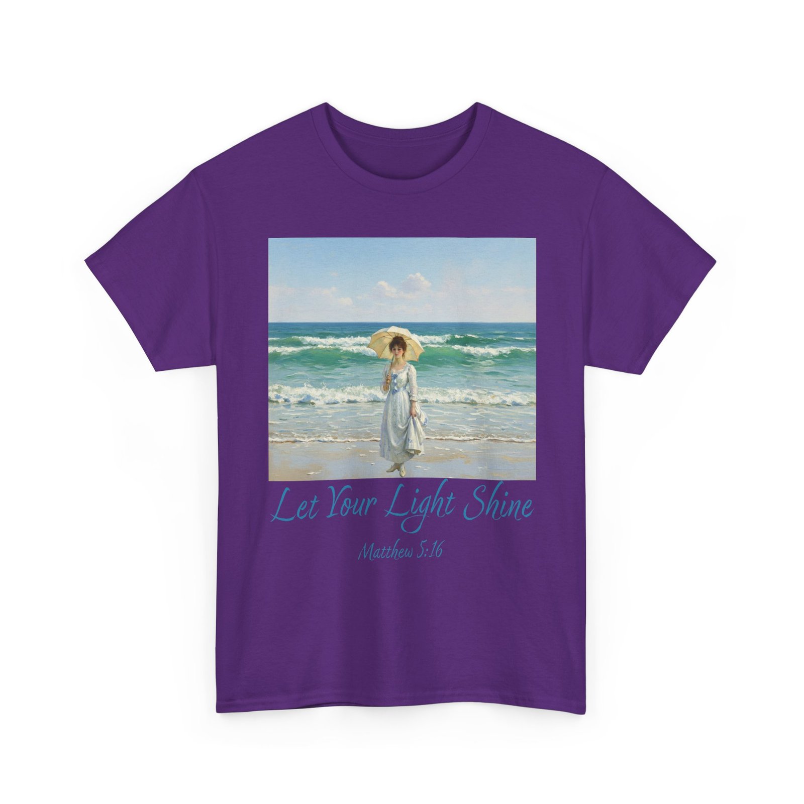 let your light shine christian tee – impressionist style parasol figure, unisex cotton shirt, inspirational beach vibes top, summer casual gift for her