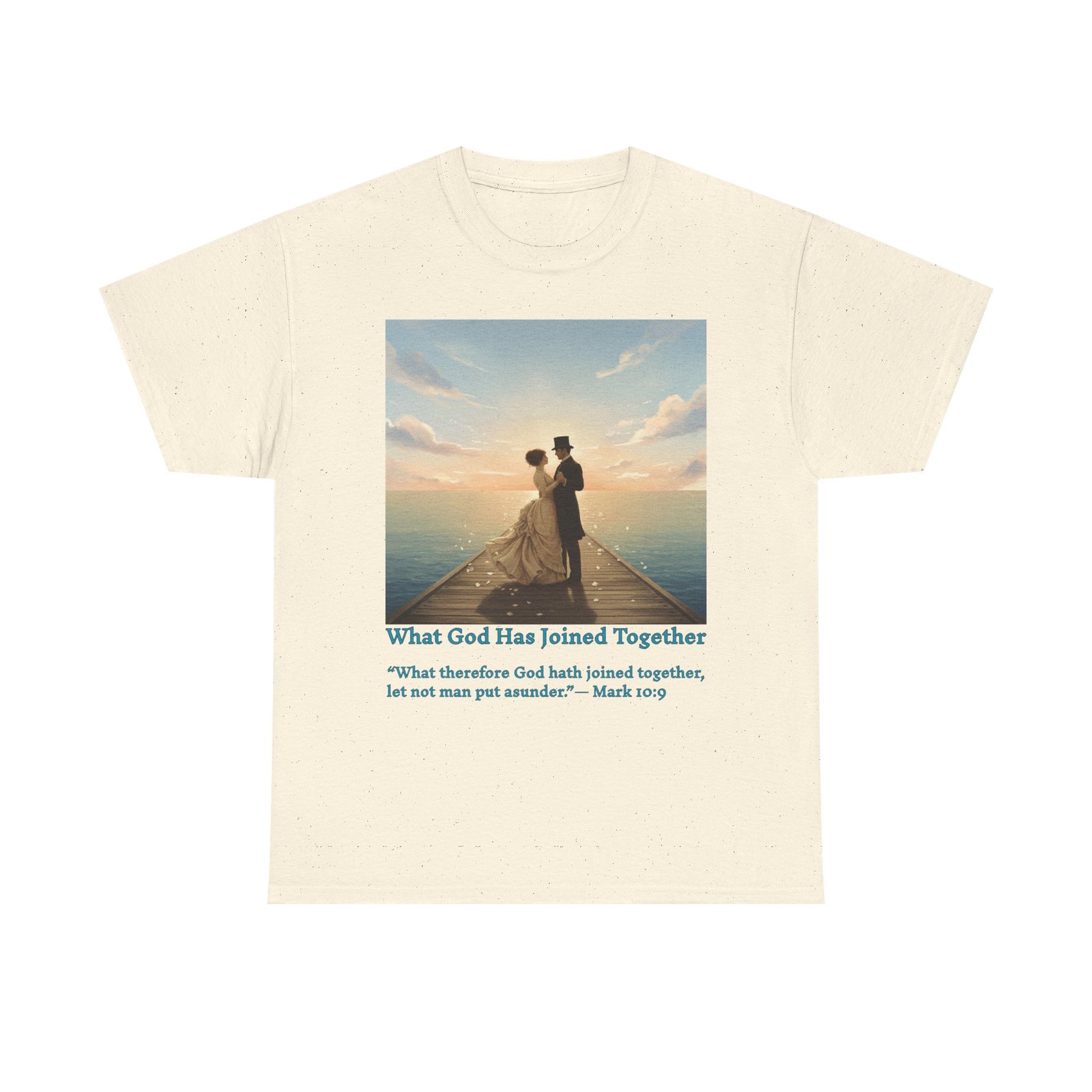 romantic couple on a pier at sunset wedding quote t shirt, unisex heavy cotton tee, casual wear, gift for newlyweds, bride & groom apparel, anniversary gift