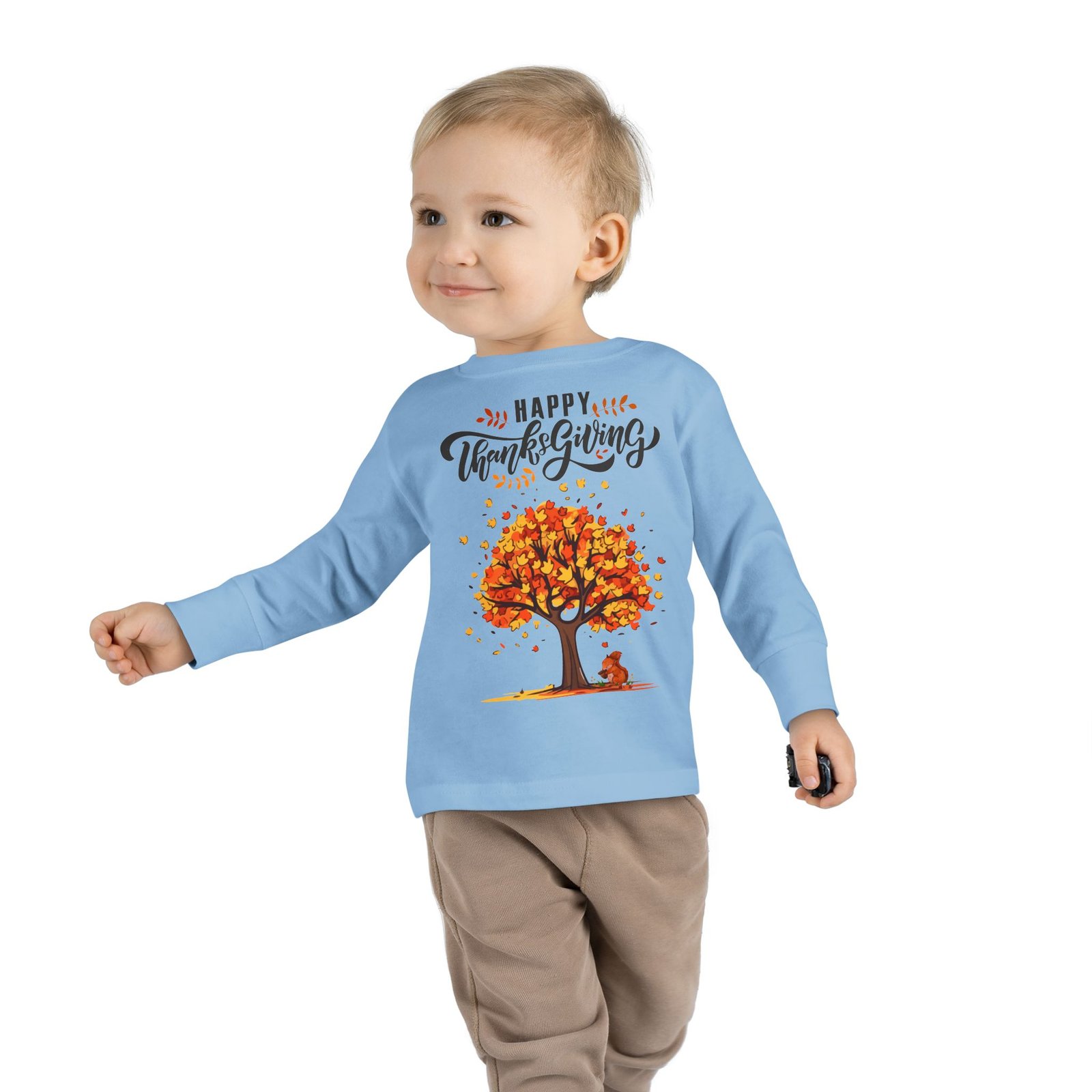 thanksgiving toddler long sleeve tee, cute fall outfit for kids, autumn tree design, holiday apparel, family gathering wear