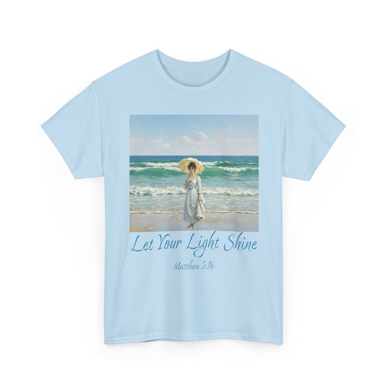 let your light shine christian tee – impressionist style parasol figure, unisex cotton shirt, inspirational beach vibes top, summer casual gift for her