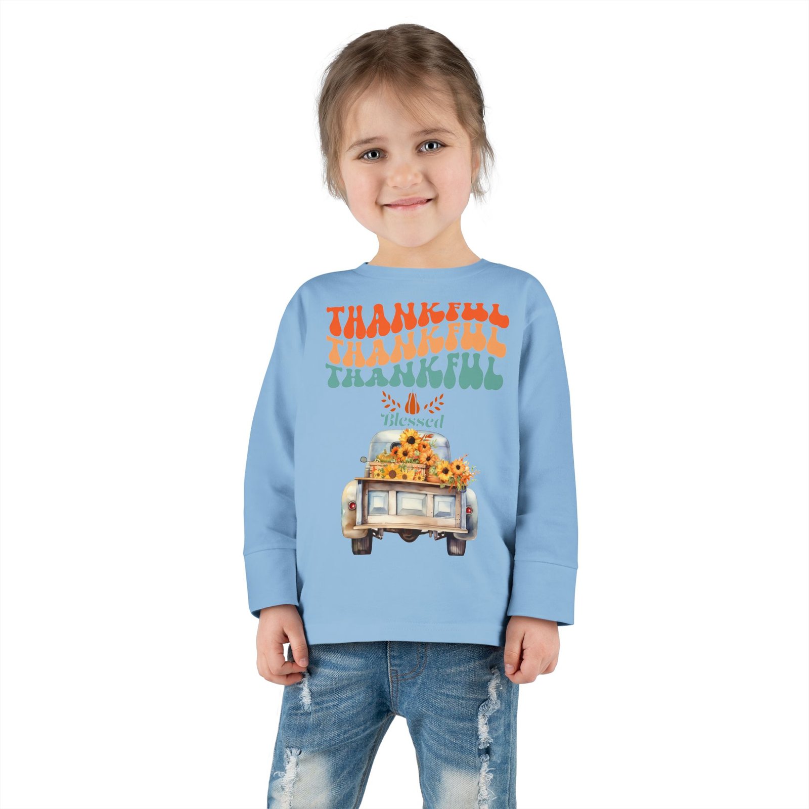 thankful toddler long sleeve tee perfect for fall celebrations, family gatherings, thanksgiving, everyday wear, gifts