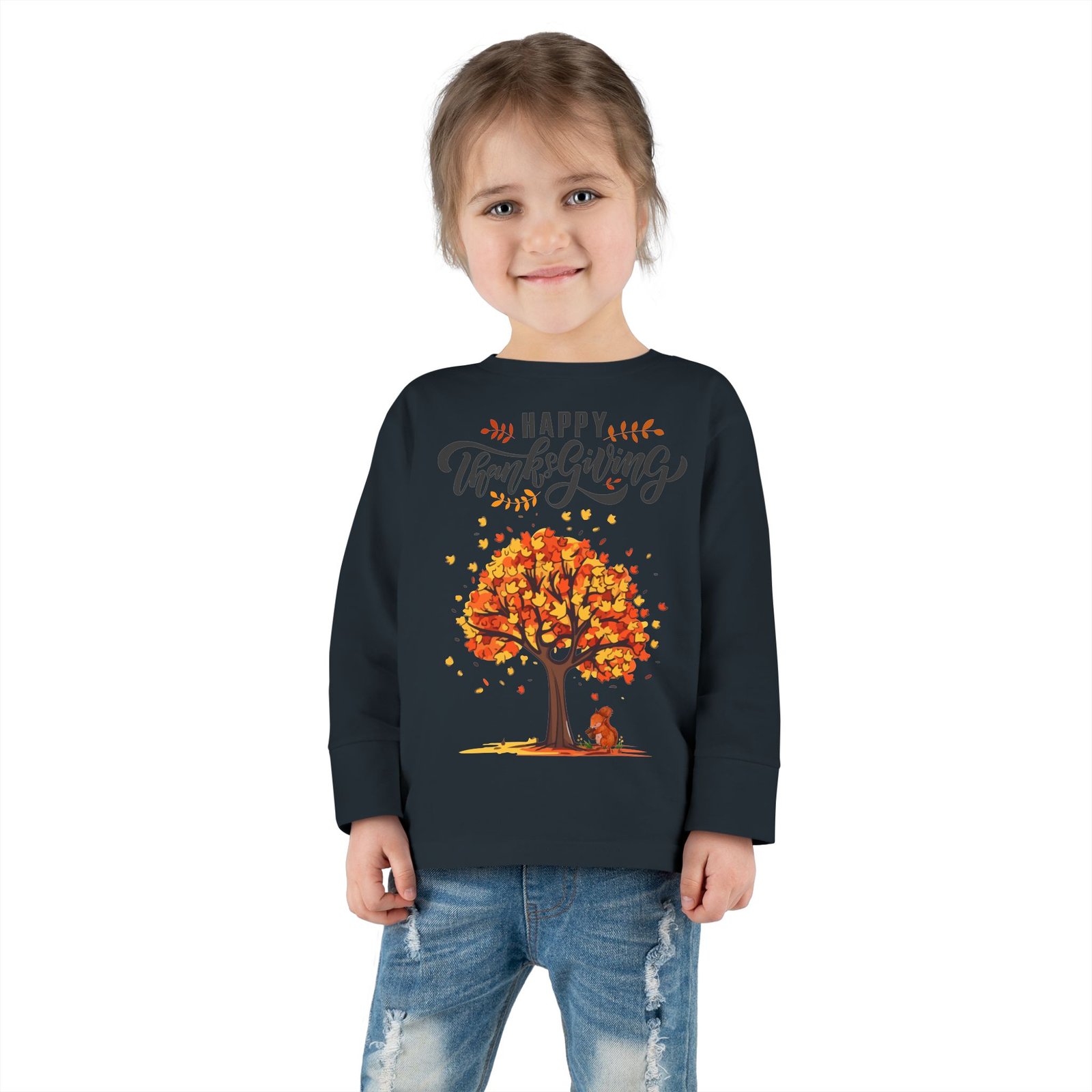 thanksgiving toddler long sleeve tee, cute fall outfit for kids, autumn tree design, holiday apparel, family gathering wear