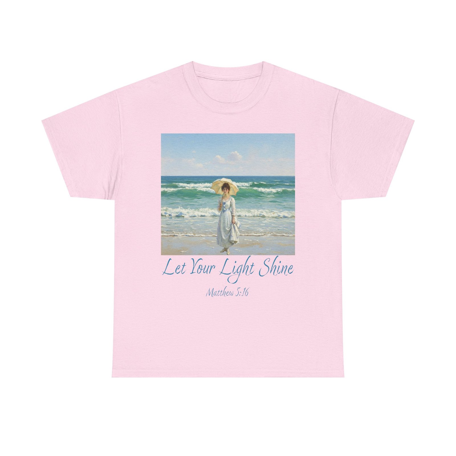 let your light shine christian tee – impressionist style parasol figure, unisex cotton shirt, inspirational beach vibes top, summer casual gift for her