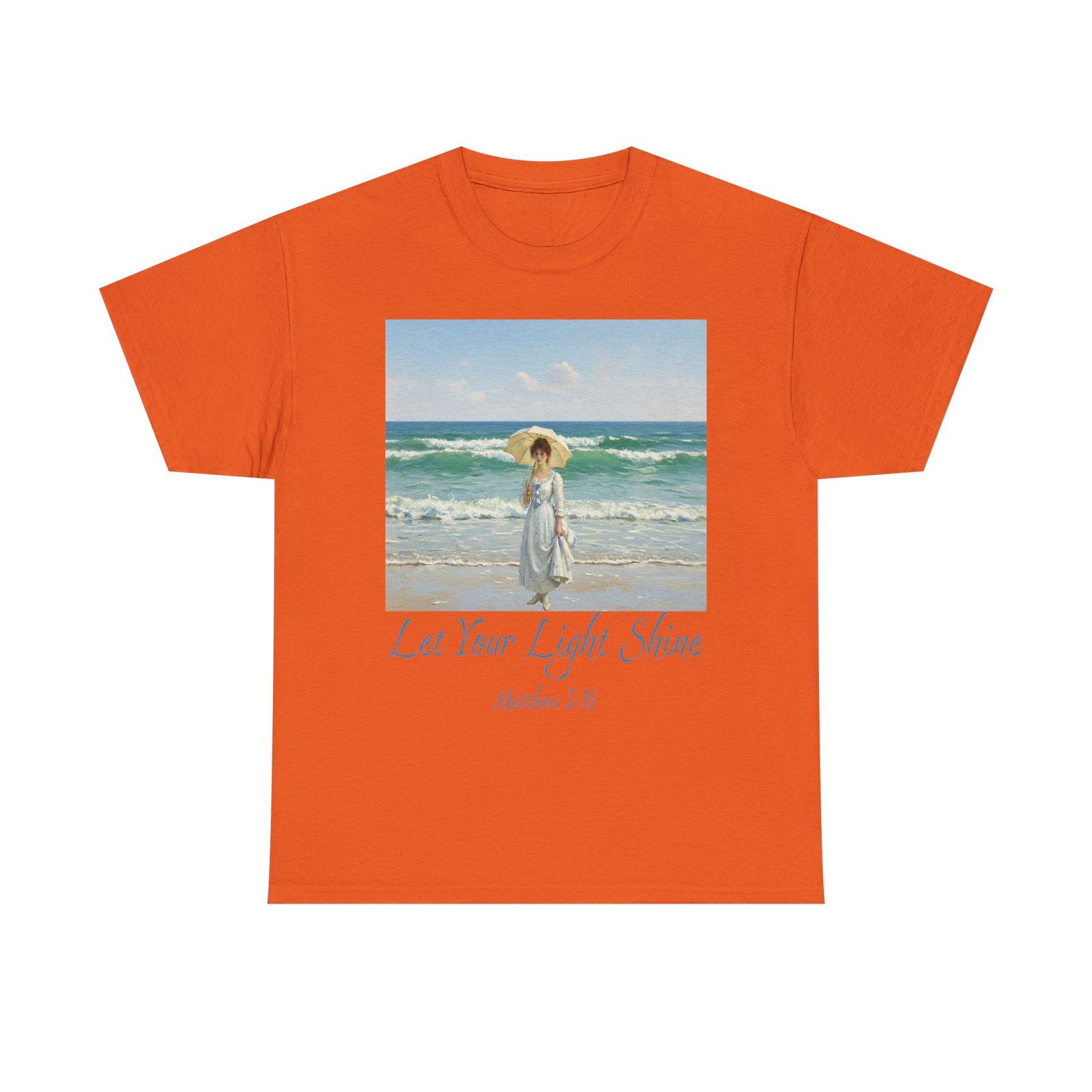 let your light shine christian tee – impressionist style parasol figure, unisex cotton shirt, inspirational beach vibes top, summer casual gift for her