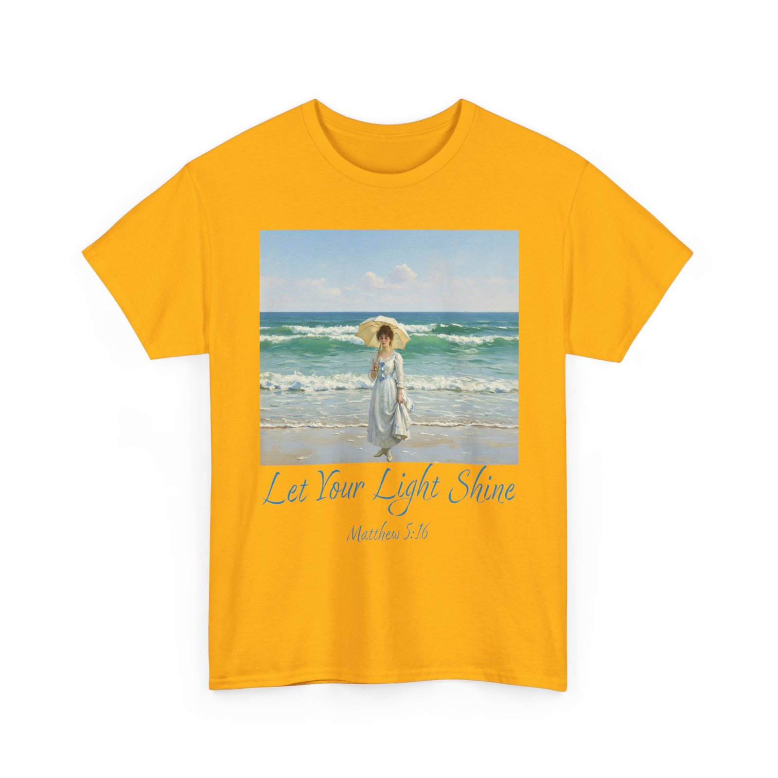 let your light shine christian tee – impressionist style parasol figure, unisex cotton shirt, inspirational beach vibes top, summer casual gift for her