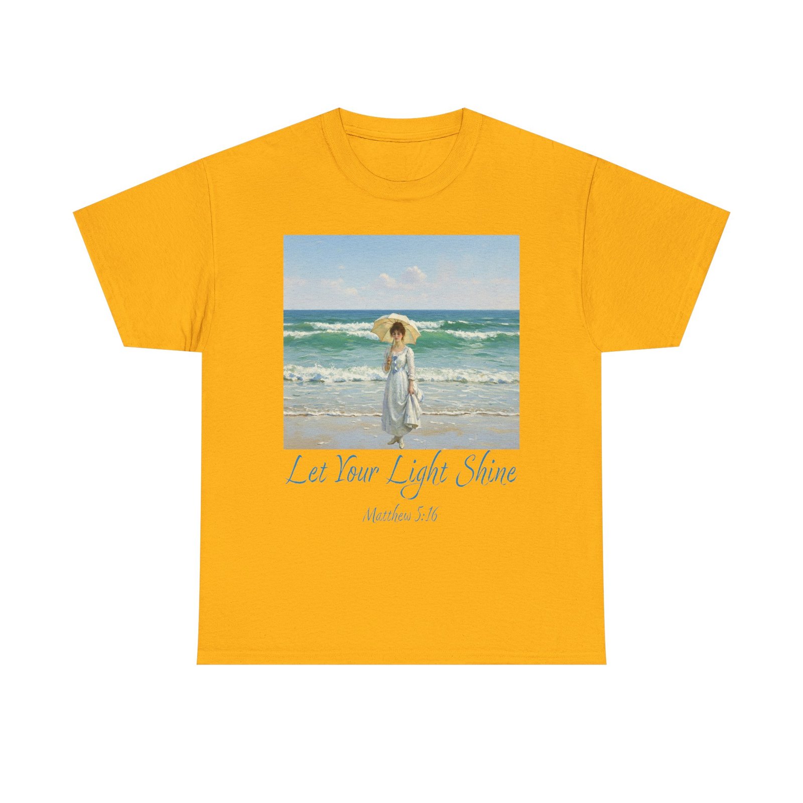 let your light shine christian tee – impressionist style parasol figure, unisex cotton shirt, inspirational beach vibes top, summer casual gift for her