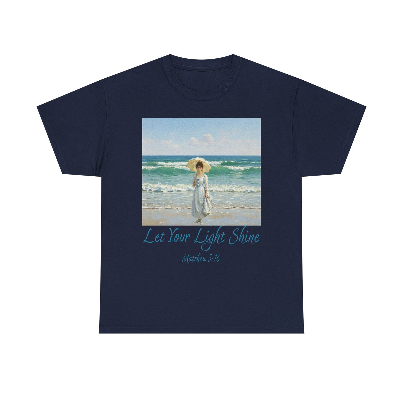 let your light shine christian tee – impressionist style parasol figure, unisex cotton shirt, inspirational beach vibes top, summer casual gift for her