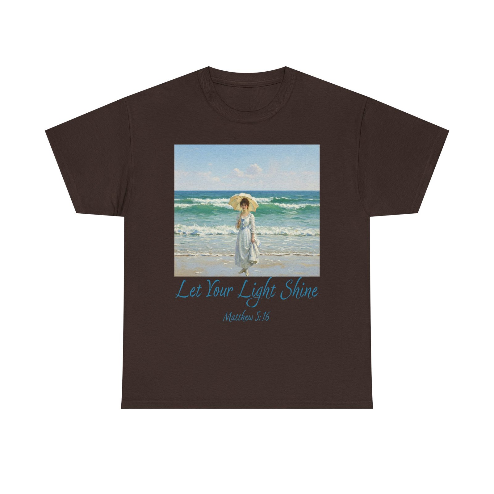 let your light shine christian tee – impressionist style parasol figure, unisex cotton shirt, inspirational beach vibes top, summer casual gift for her