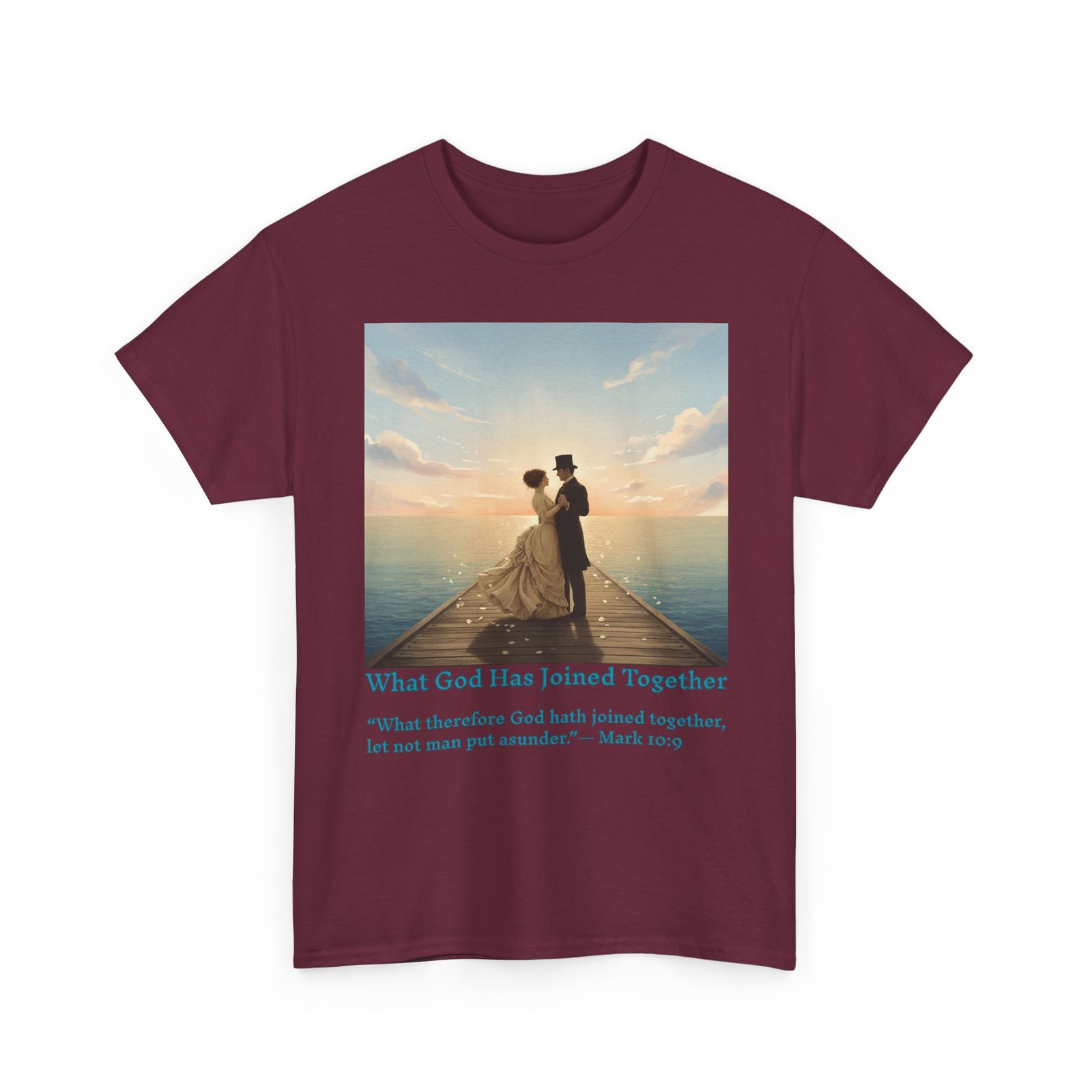 romantic couple on a pier at sunset wedding quote t shirt, unisex heavy cotton tee, casual wear, gift for newlyweds, bride & groom apparel, anniversary gift