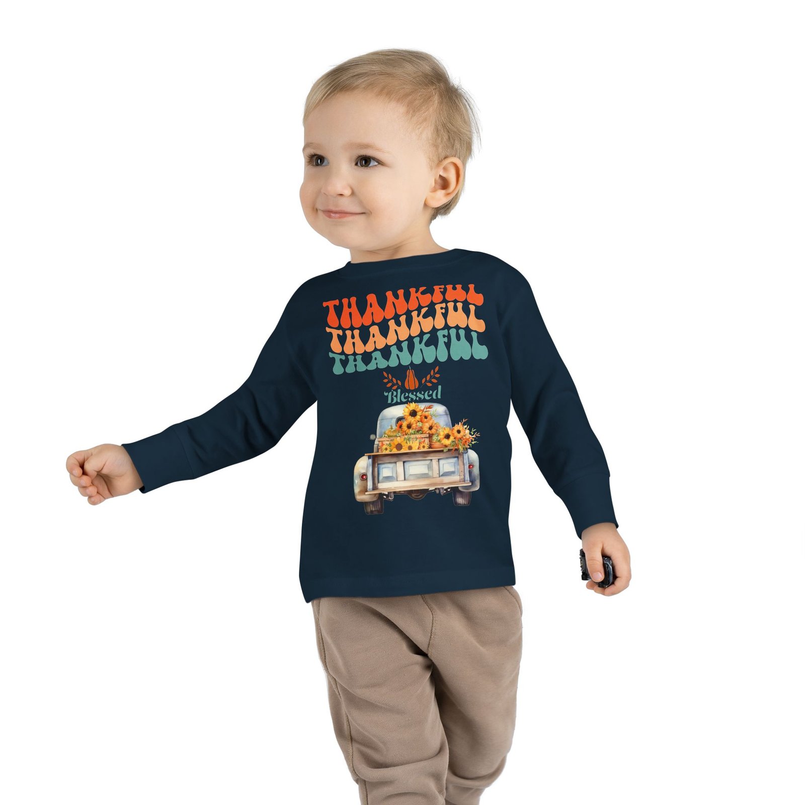 thankful toddler long sleeve tee perfect for fall celebrations, family gatherings, thanksgiving, everyday wear, gifts