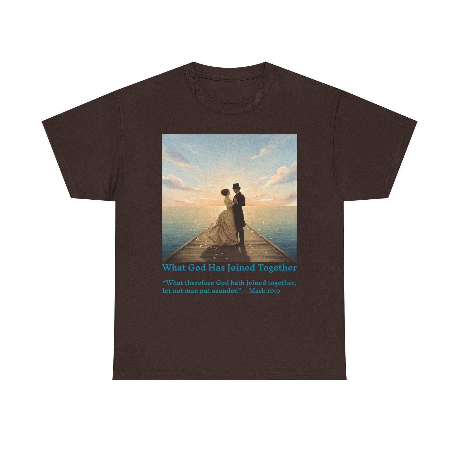 romantic couple on a pier at sunset wedding quote t shirt, unisex heavy cotton tee, casual wear, gift for newlyweds, bride & groom apparel, anniversary gift