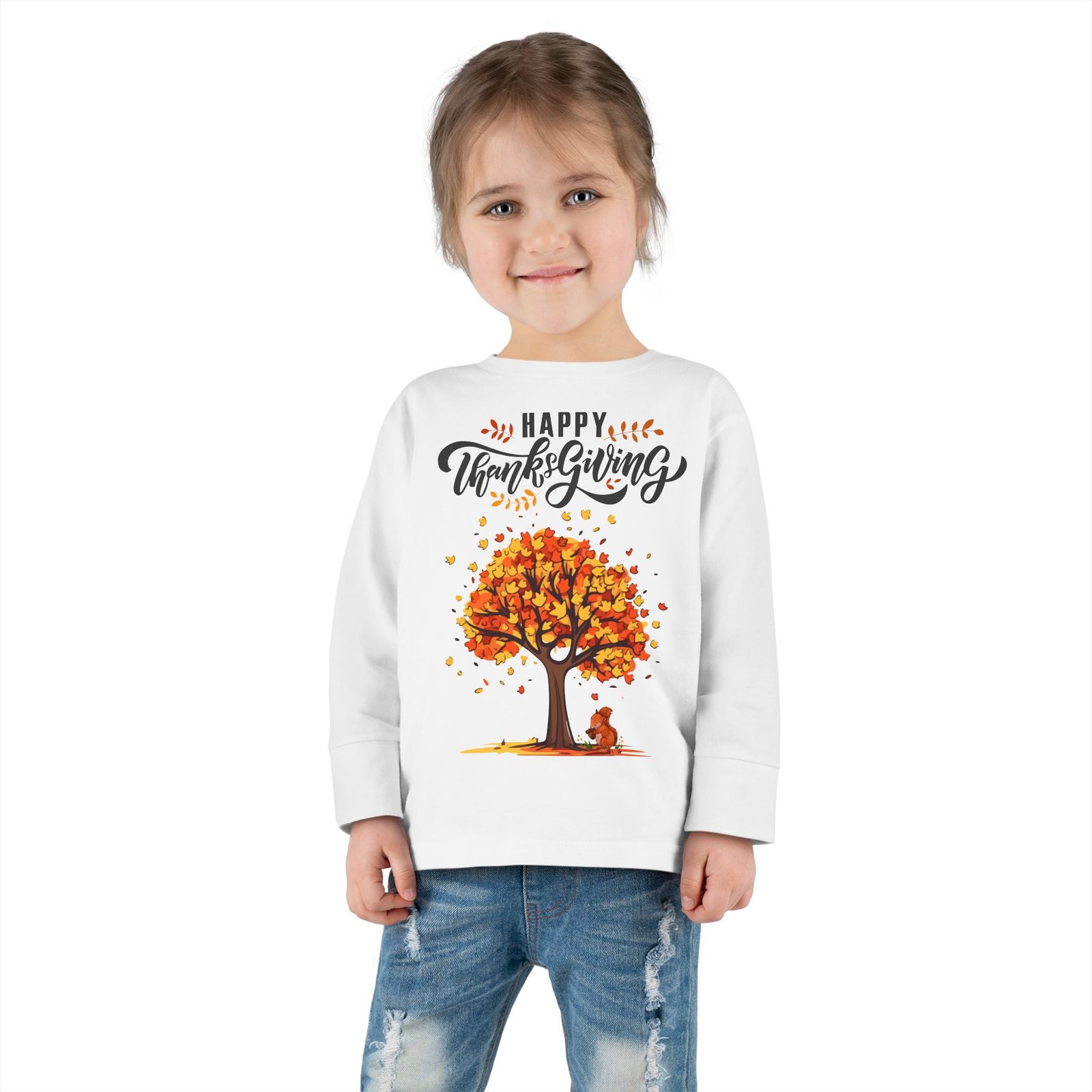 thanksgiving toddler long sleeve tee, cute fall outfit for kids, autumn tree design, holiday apparel, family gathering wear