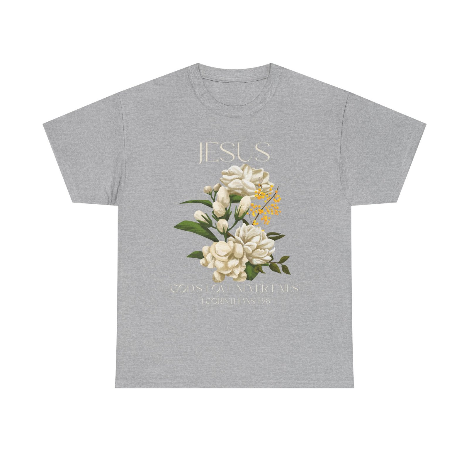floral jesus god's love never fails graphic tee | unisex cotton t shirt for faith & inspiration, ideal for gifts, casual wear, church events, and celebrations