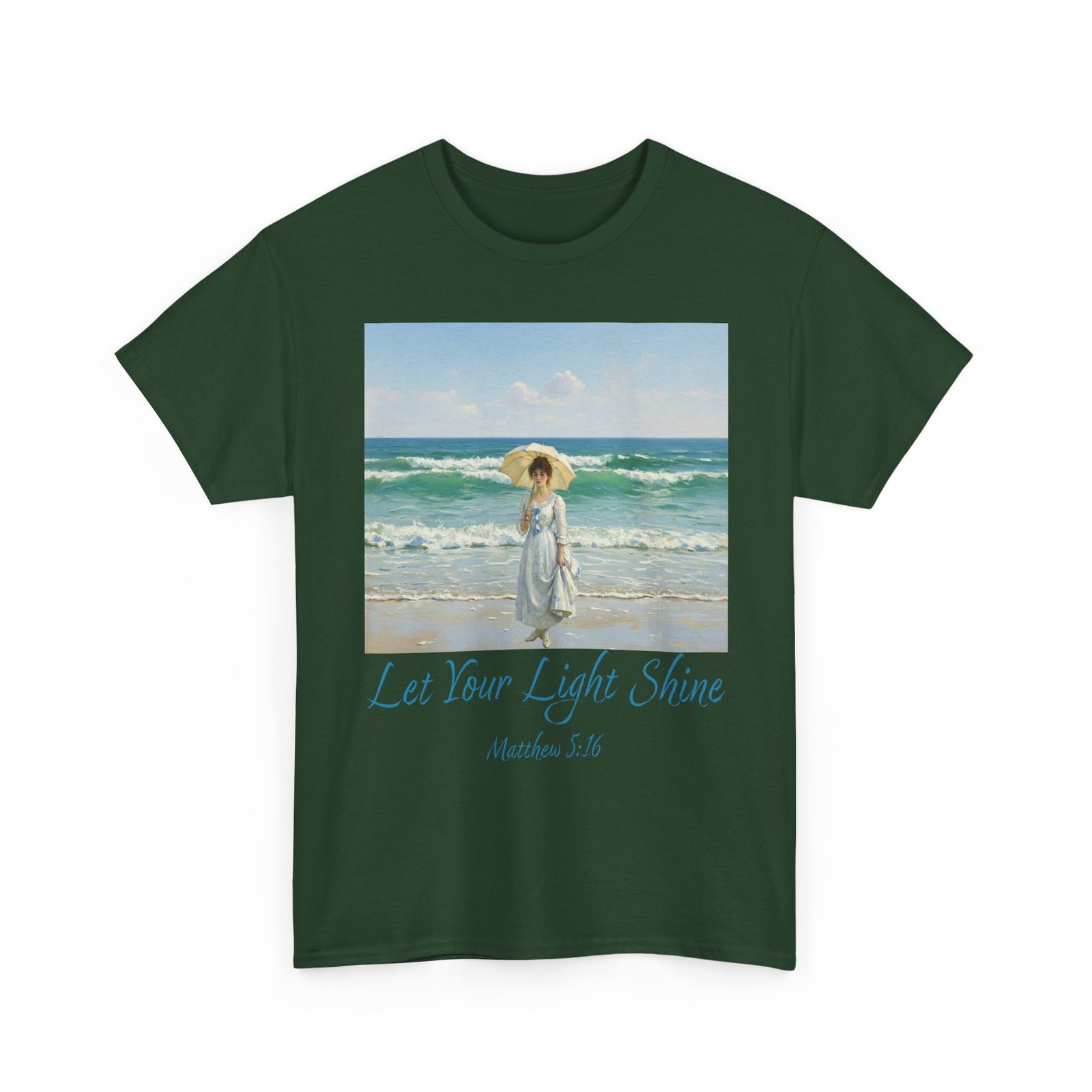 let your light shine christian tee – impressionist style parasol figure, unisex cotton shirt, inspirational beach vibes top, summer casual gift for her