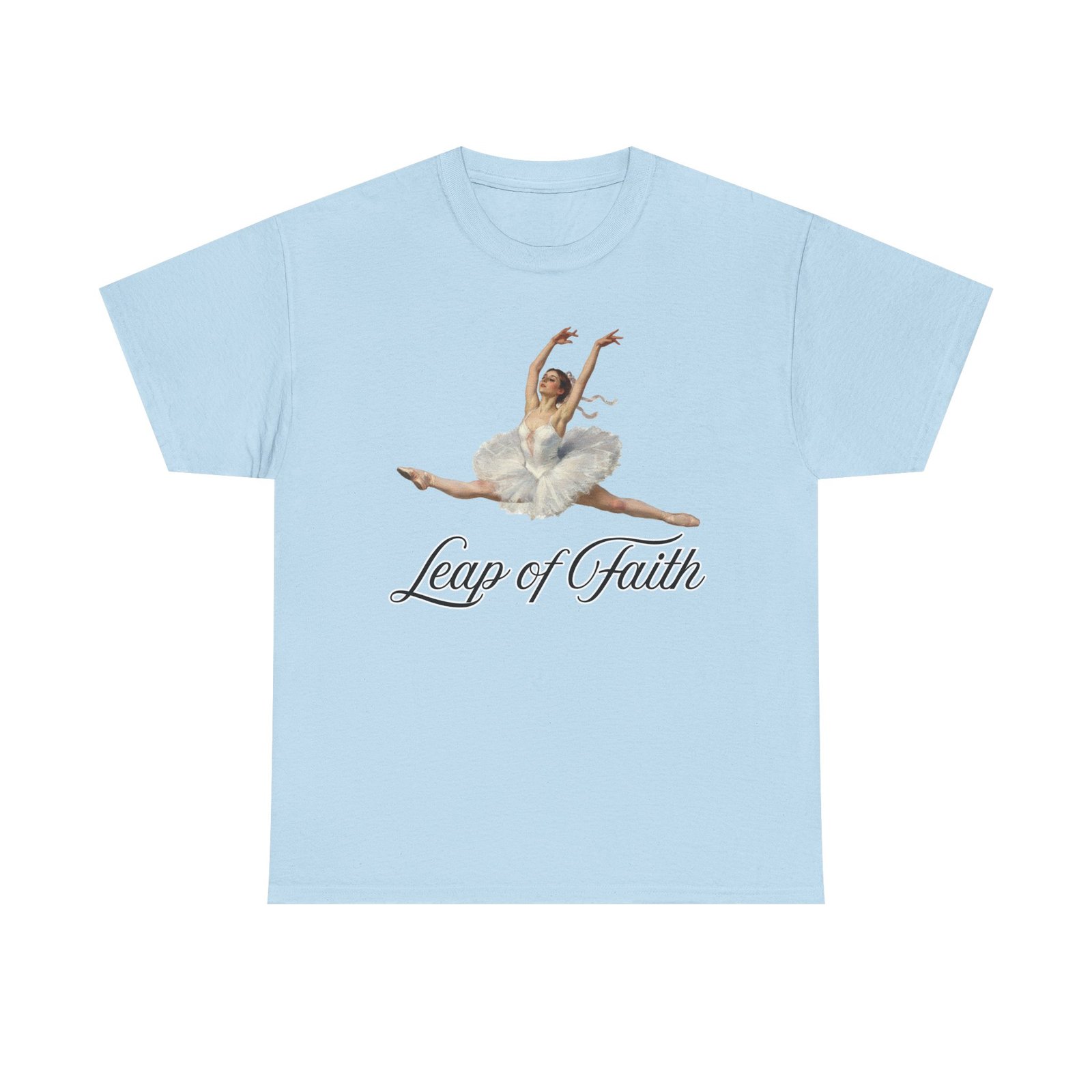 ballet inspired tee leap of faith, dance gift, unisex cotton shirt, inspirational apparel, performance wear, gift for dancers ballerina in a split leap, designed with an impressionist flair, echoing timeless ballet elegance