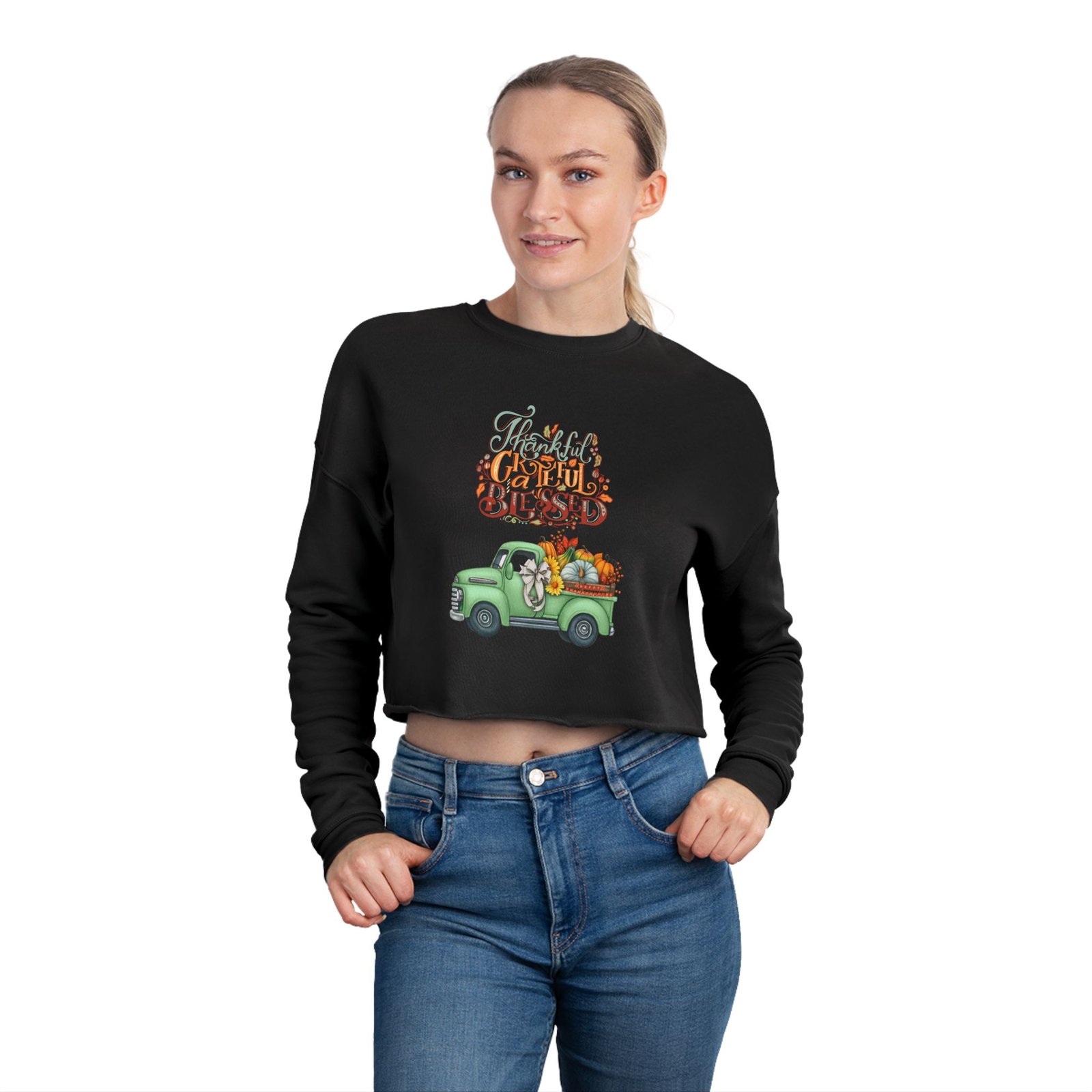 thankful vibes cropped sweatshirt with pumpkin truck, women's fall apparel, cozy sweatshirt, holiday gift, thanksgiving outfit (different design upon request.)
