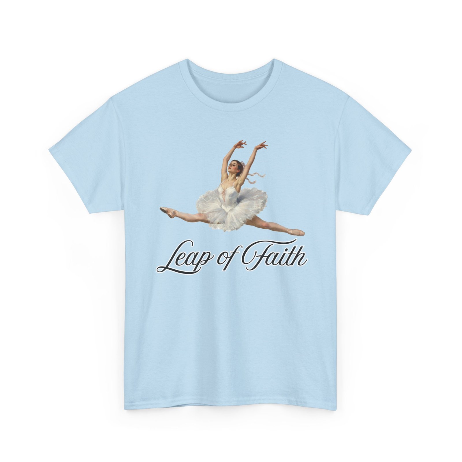 ballet inspired tee leap of faith, dance gift, unisex cotton shirt, inspirational apparel, performance wear, gift for dancers ballerina in a split leap, designed with an impressionist flair, echoing timeless ballet elegance