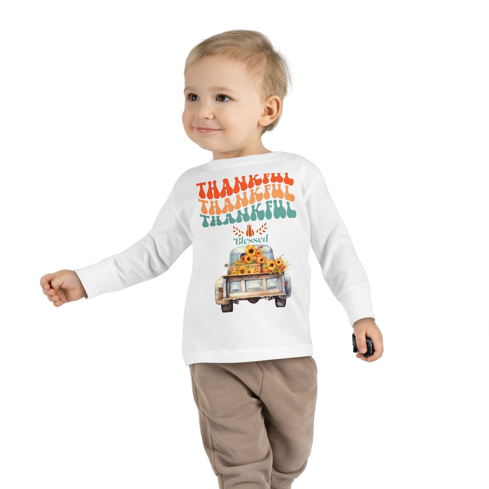 thankful toddler long sleeve tee perfect for fall celebrations, family gatherings, thanksgiving, everyday wear, gifts