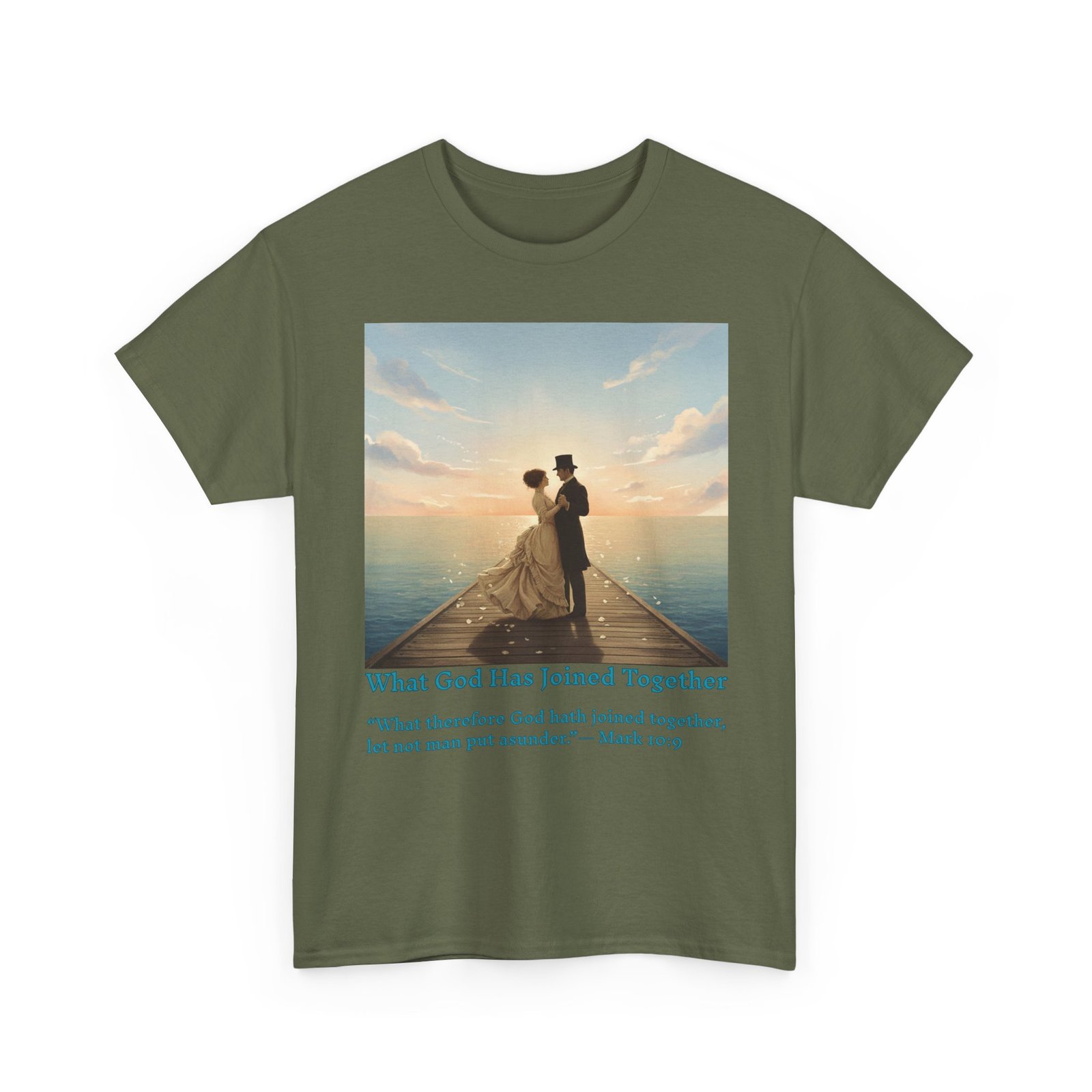 romantic couple on a pier at sunset wedding quote t shirt, unisex heavy cotton tee, casual wear, gift for newlyweds, bride & groom apparel, anniversary gift