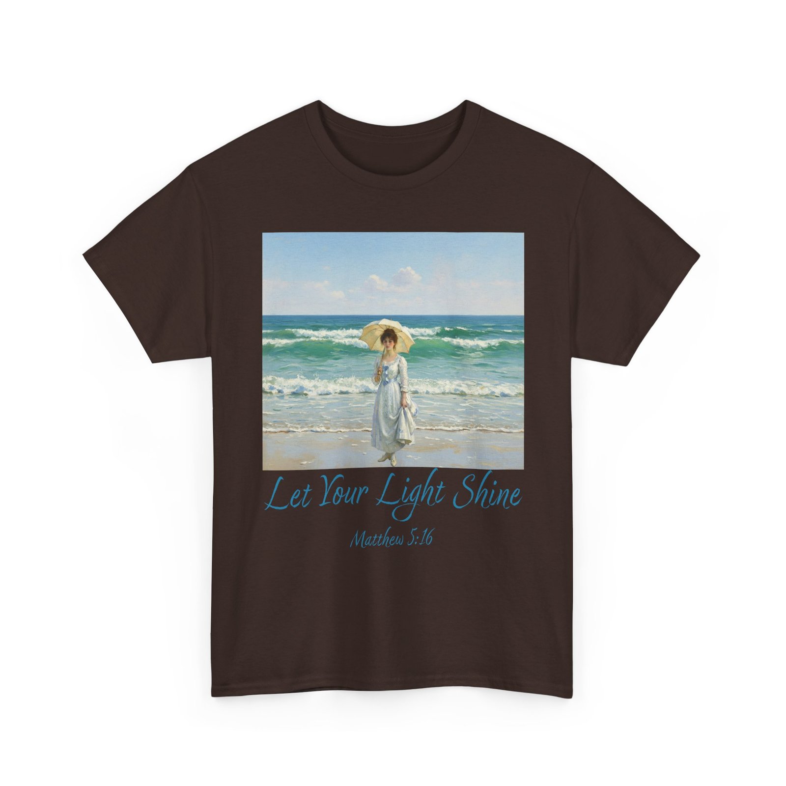 let your light shine christian tee – impressionist style parasol figure, unisex cotton shirt, inspirational beach vibes top, summer casual gift for her