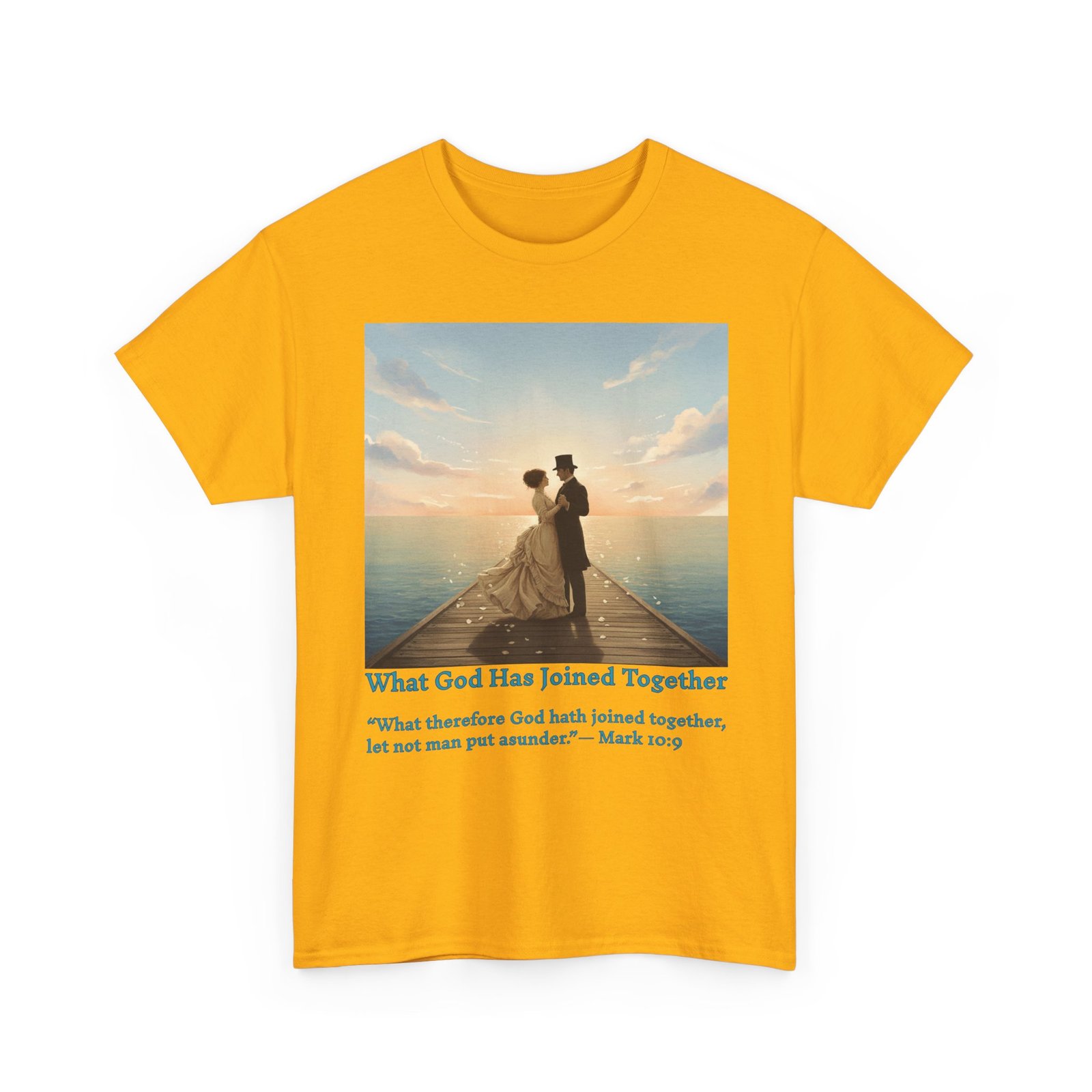 romantic couple on a pier at sunset wedding quote t shirt, unisex heavy cotton tee, casual wear, gift for newlyweds, bride & groom apparel, anniversary gift