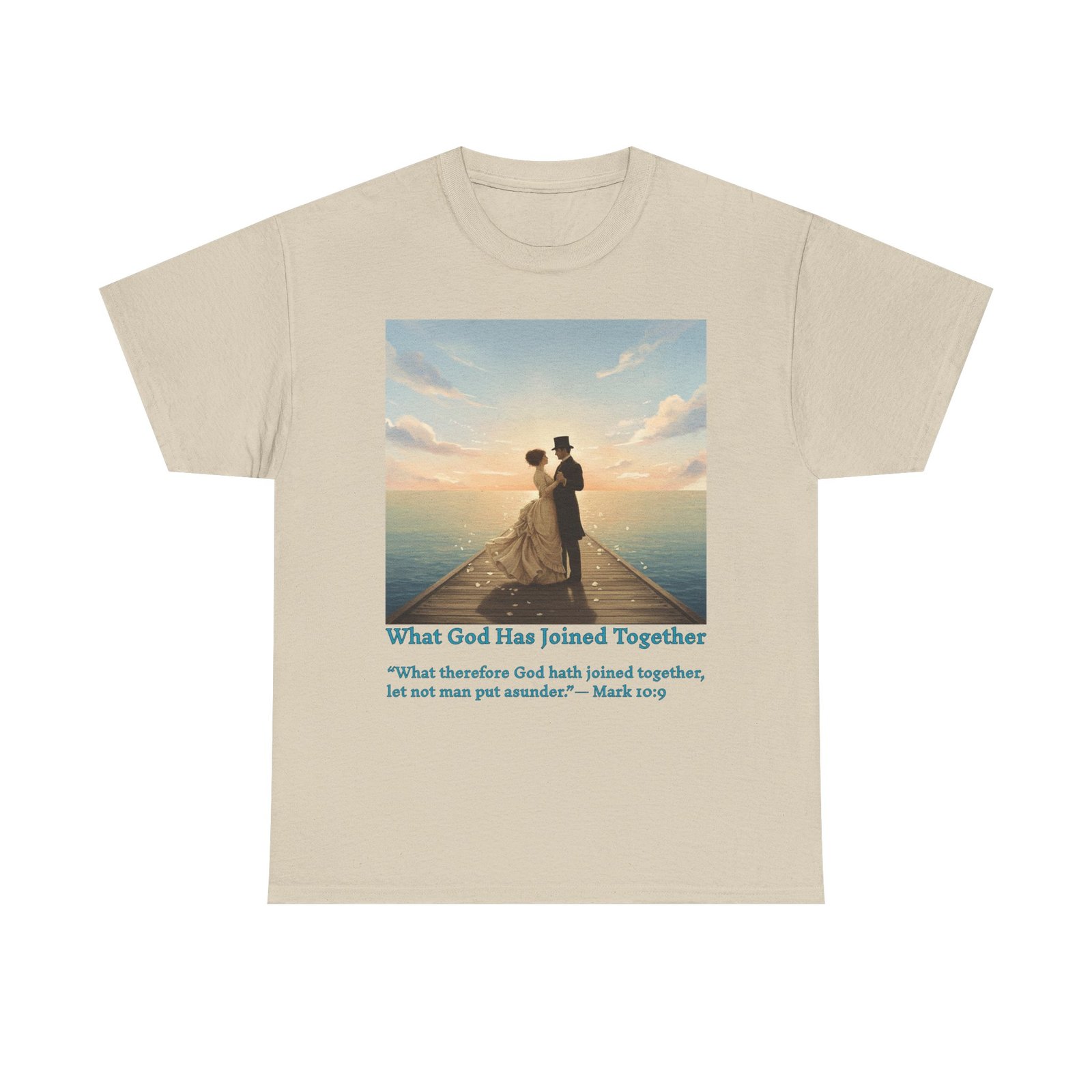 romantic couple on a pier at sunset wedding quote t shirt, unisex heavy cotton tee, casual wear, gift for newlyweds, bride & groom apparel, anniversary gift