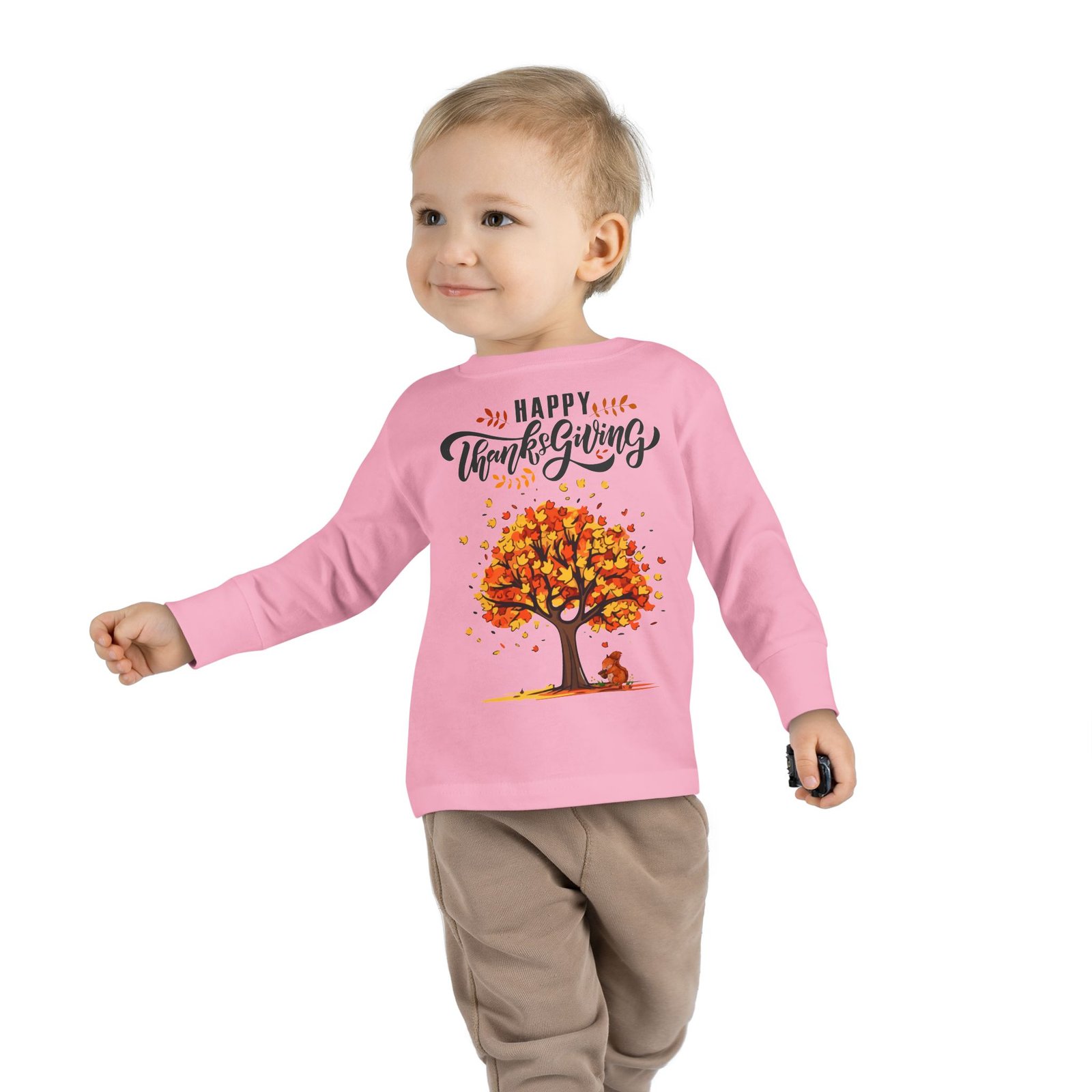 thanksgiving toddler long sleeve tee, cute fall outfit for kids, autumn tree design, holiday apparel, family gathering wear