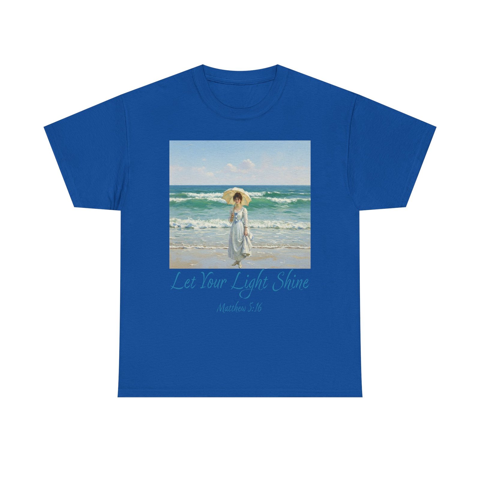 let your light shine christian tee – impressionist style parasol figure, unisex cotton shirt, inspirational beach vibes top, summer casual gift for her