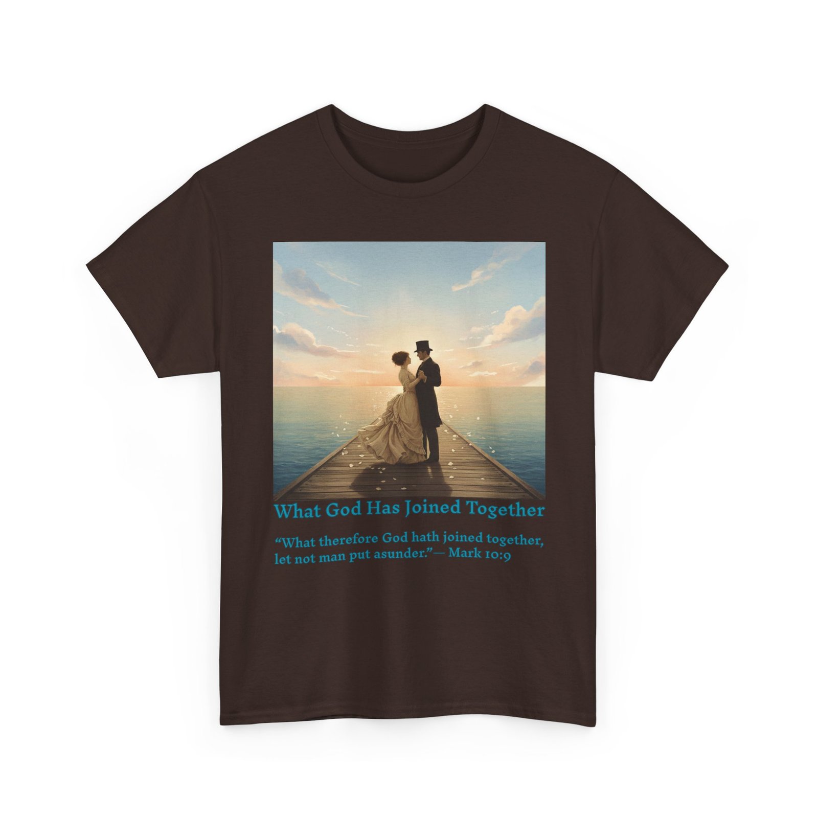 romantic couple on a pier at sunset wedding quote t shirt, unisex heavy cotton tee, casual wear, gift for newlyweds, bride & groom apparel, anniversary gift