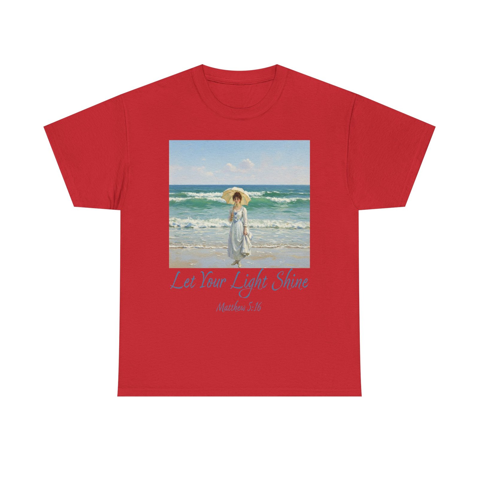 let your light shine christian tee – impressionist style parasol figure, unisex cotton shirt, inspirational beach vibes top, summer casual gift for her