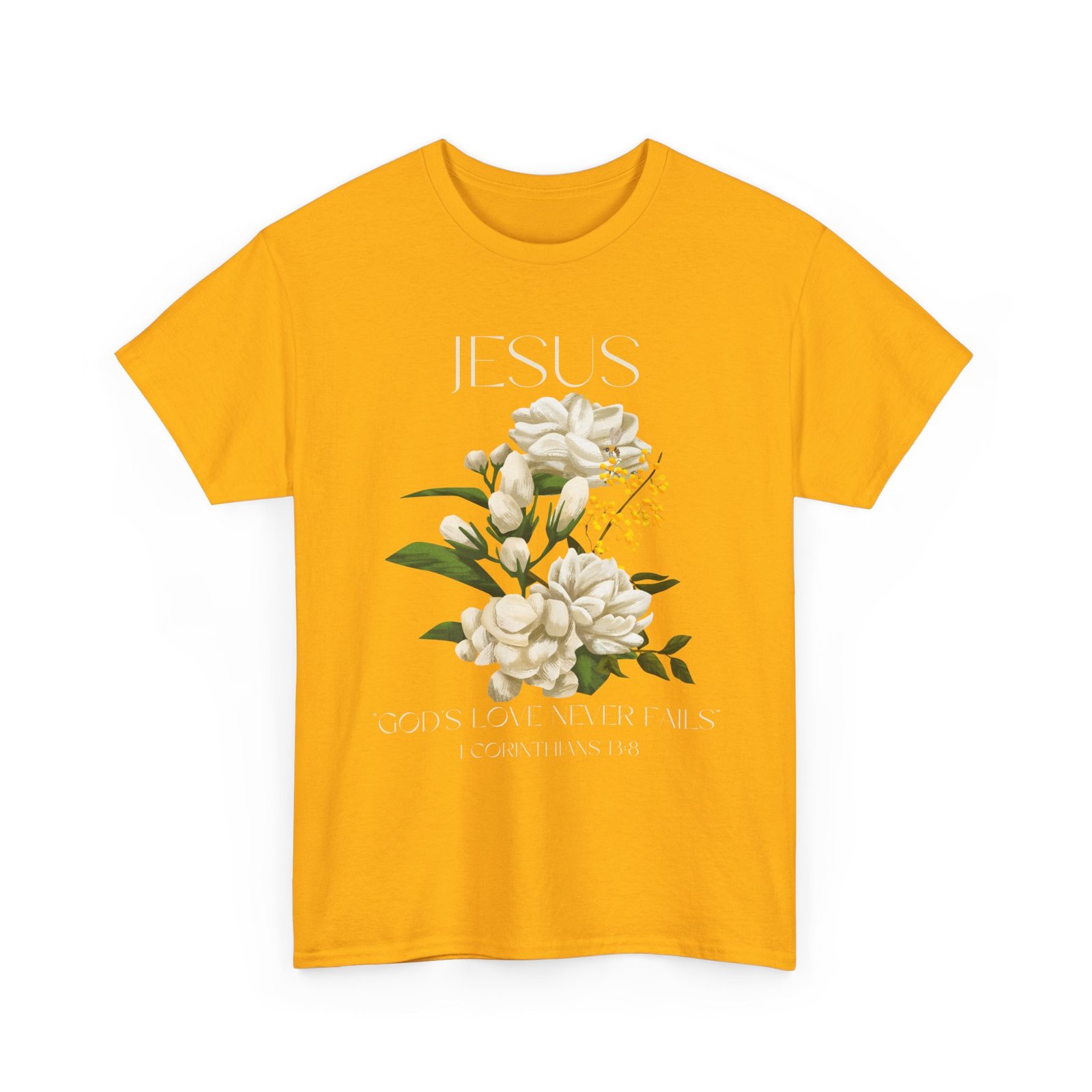 floral jesus god's love never fails graphic tee | unisex cotton t shirt for faith & inspiration, ideal for gifts, casual wear, church events, and celebrations