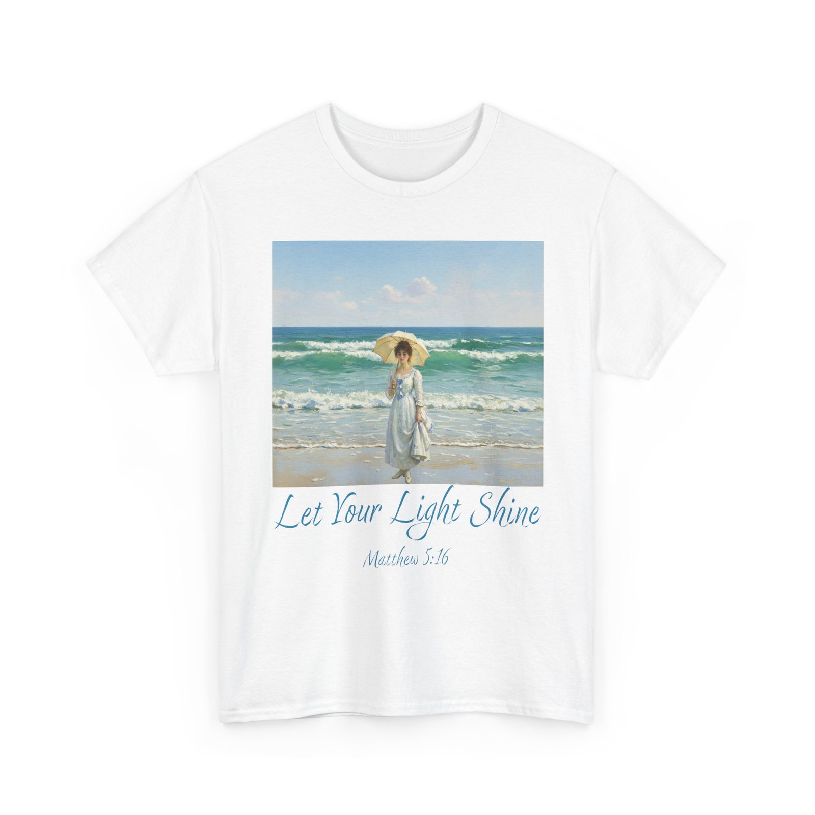let your light shine christian tee – impressionist style parasol figure, unisex cotton shirt, inspirational beach vibes top, summer casual gift for her