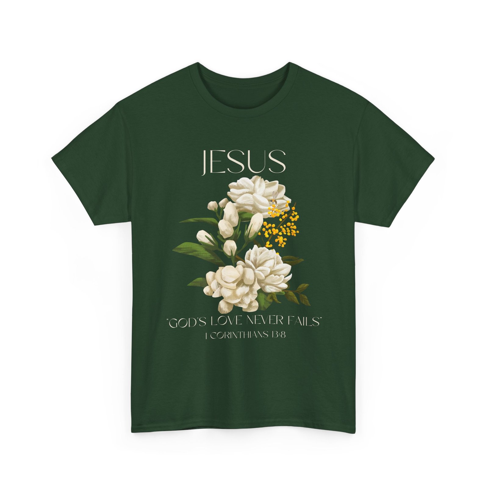 floral jesus god's love never fails graphic tee | unisex cotton t shirt for faith & inspiration, ideal for gifts, casual wear, church events, and celebrations