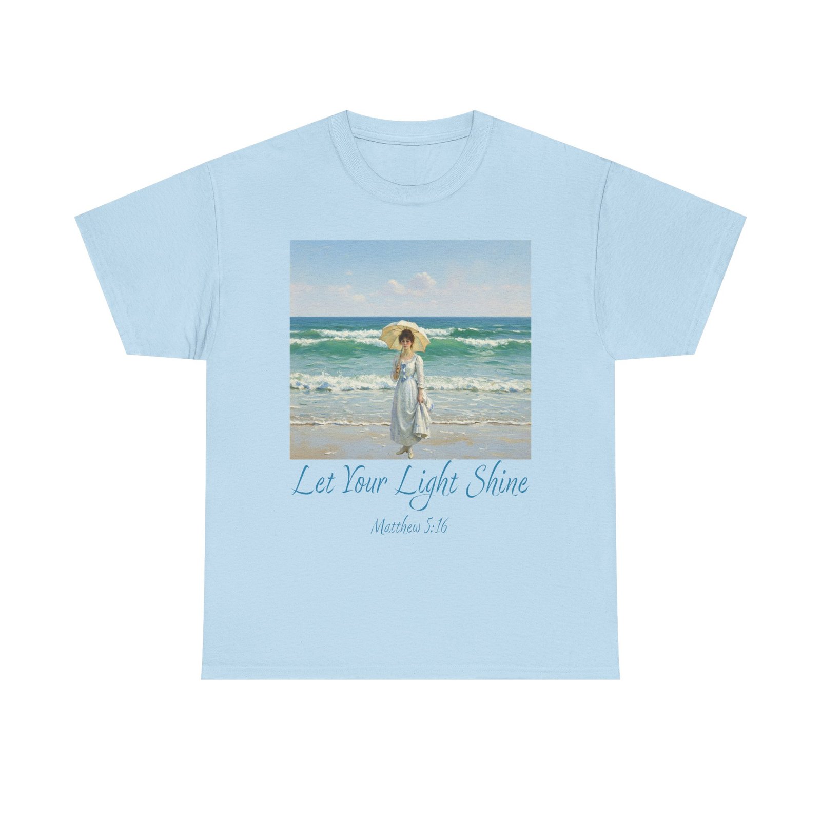 let your light shine christian tee – impressionist style parasol figure, unisex cotton shirt, inspirational beach vibes top, summer casual gift for her
