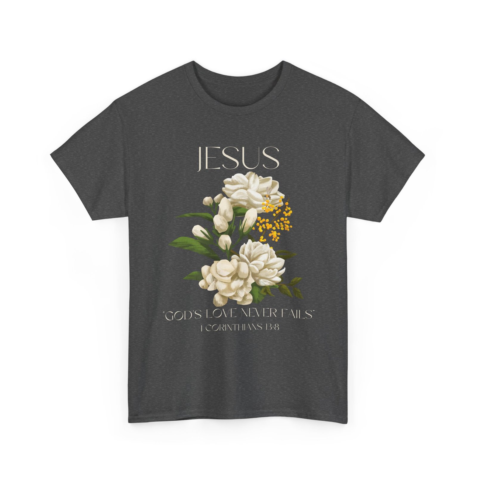 floral jesus god's love never fails graphic tee | unisex cotton t shirt for faith & inspiration, ideal for gifts, casual wear, church events, and celebrations