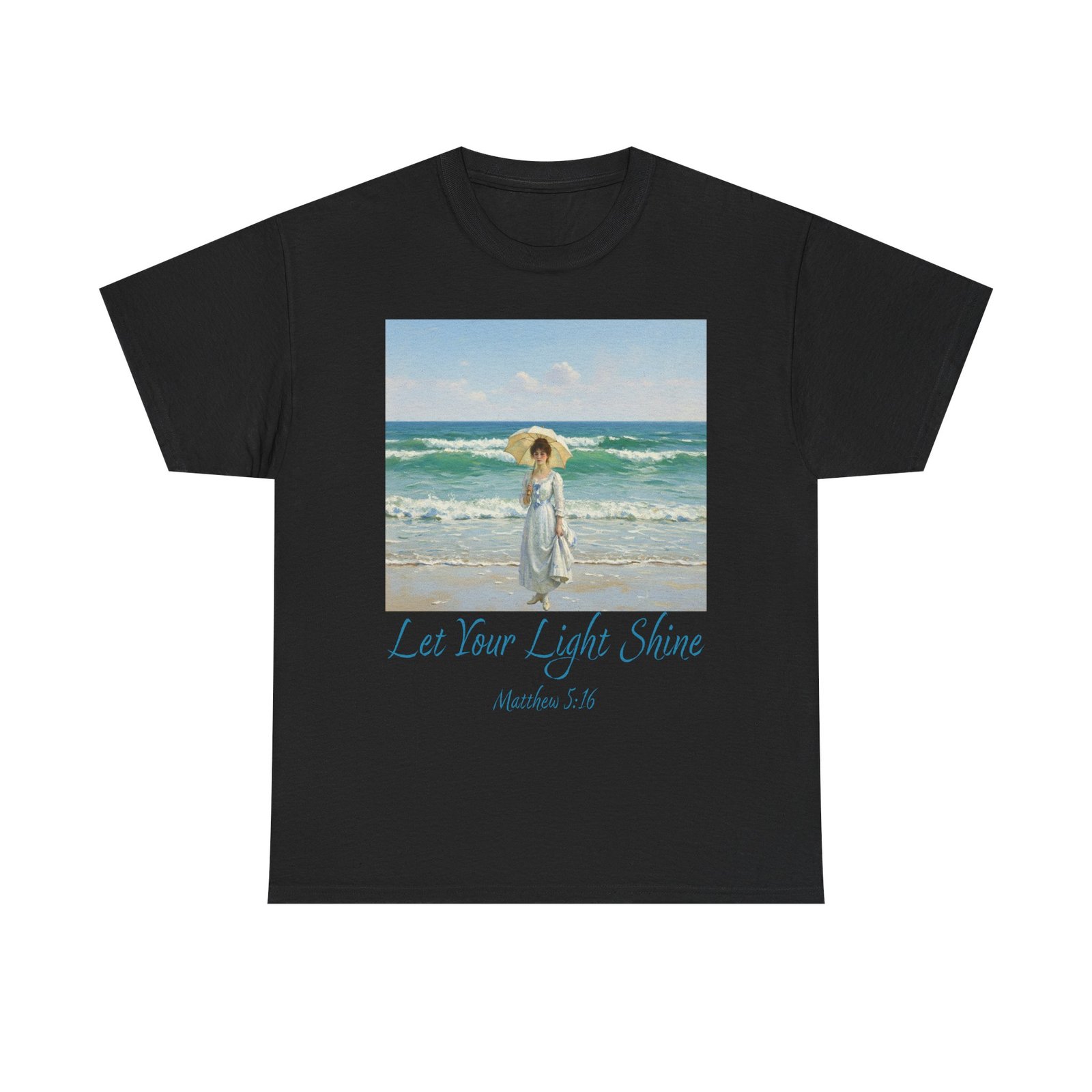 let your light shine christian tee – impressionist style parasol figure, unisex cotton shirt, inspirational beach vibes top, summer casual gift for her