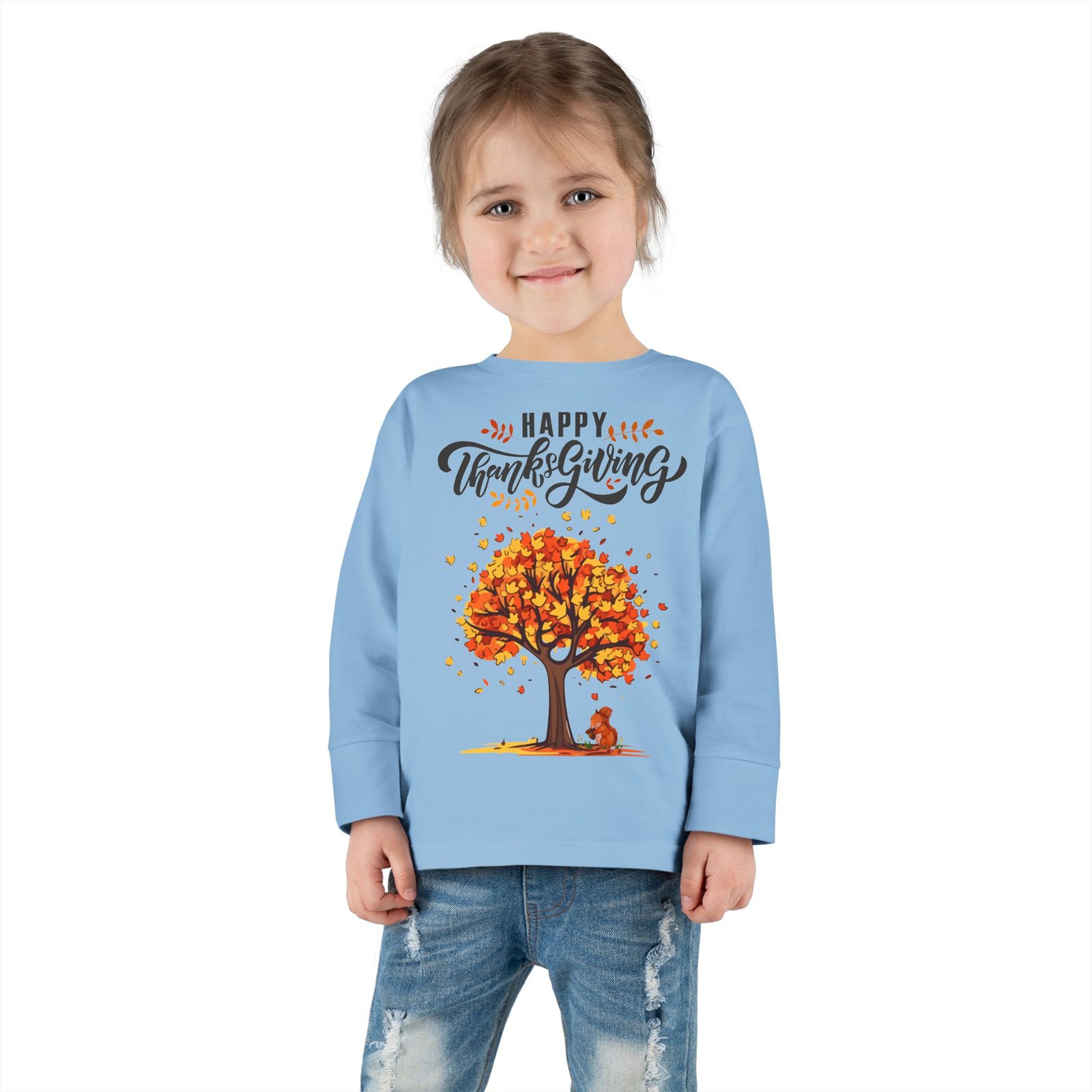 thanksgiving toddler long sleeve tee, cute fall outfit for kids, autumn tree design, holiday apparel, family gathering wear