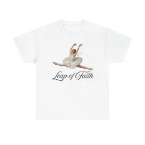 ballet inspired tee leap of faith, dance gift, unisex cotton shirt, inspirational apparel, performance wear, gift for dancers ballerina in a split leap, designed with an impressionist flair, echoing timeless ballet elegance