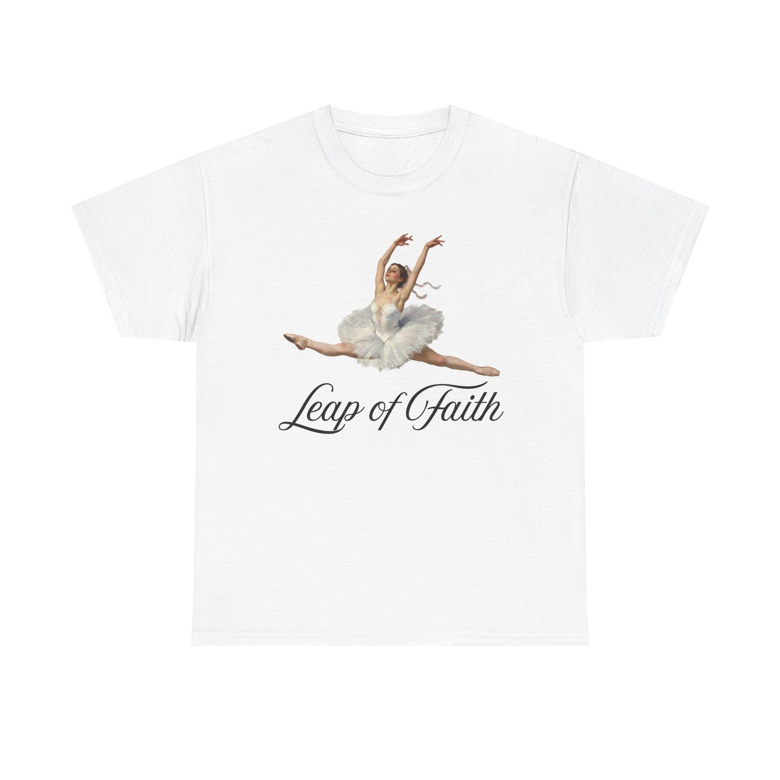 ballet inspired tee leap of faith, dance gift, unisex cotton shirt, inspirational apparel, performance wear, gift for dancers ballerina in a split leap, designed with an impressionist flair, echoing timeless ballet elegance