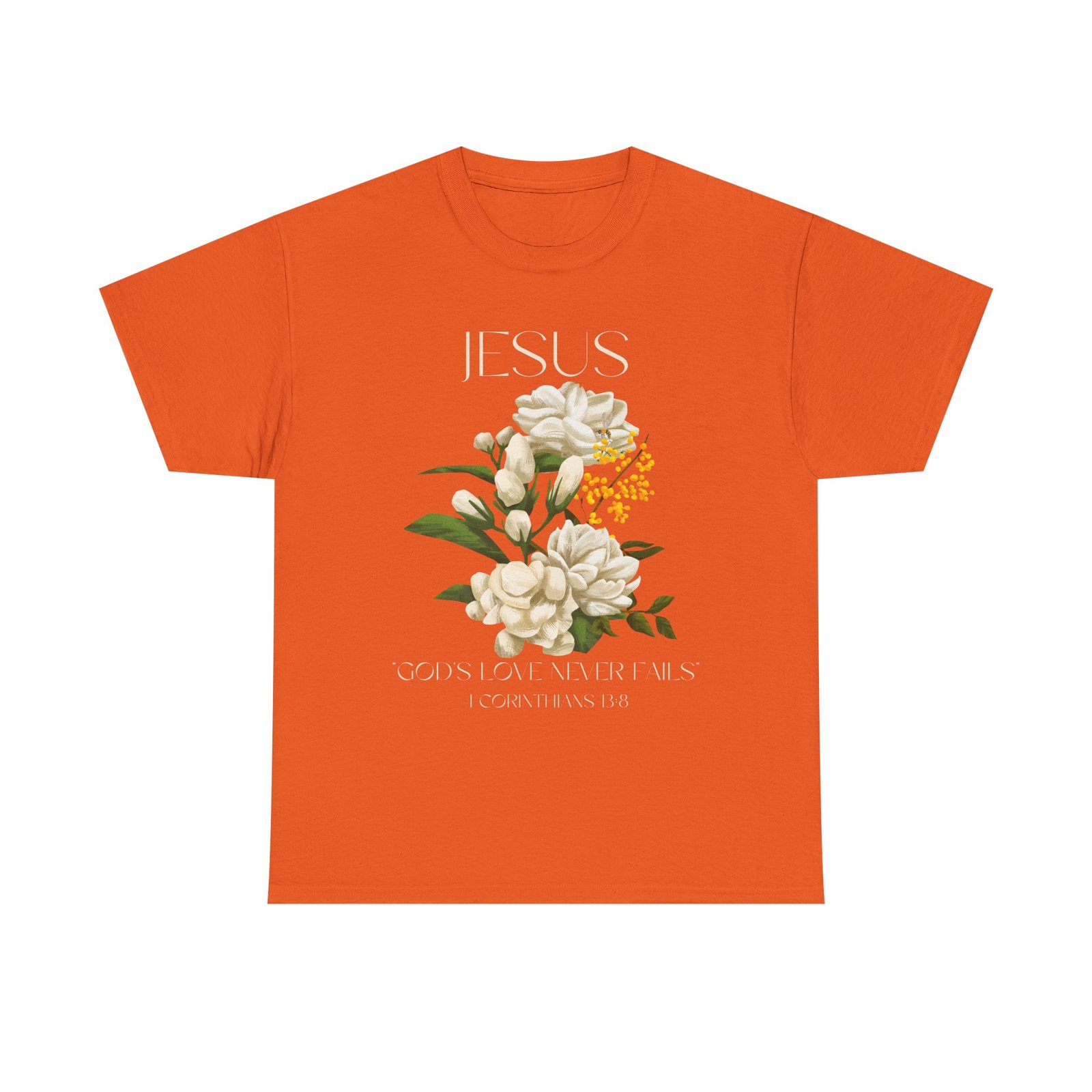 floral jesus god's love never fails graphic tee | unisex cotton t shirt for faith & inspiration, ideal for gifts, casual wear, church events, and celebrations