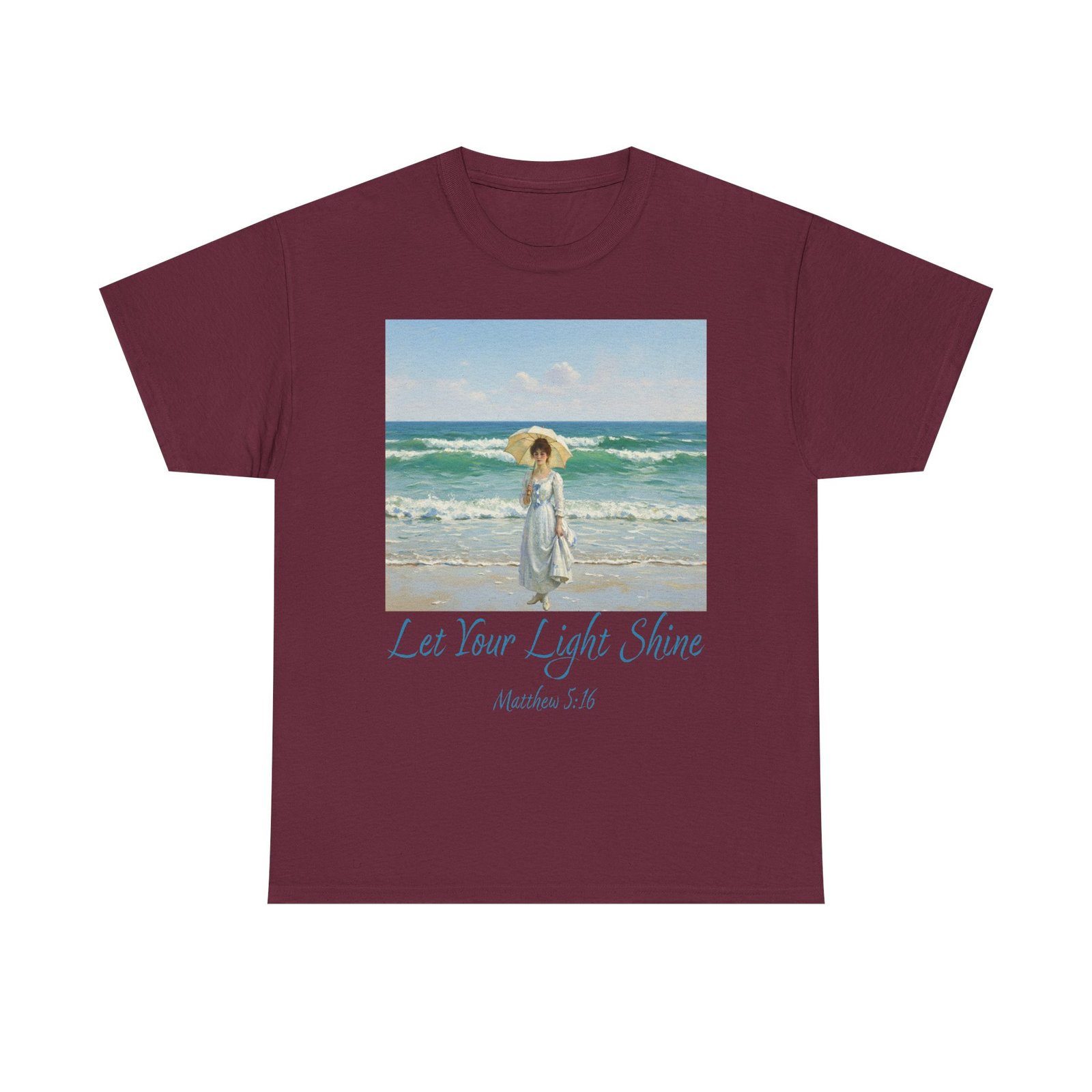 let your light shine christian tee – impressionist style parasol figure, unisex cotton shirt, inspirational beach vibes top, summer casual gift for her