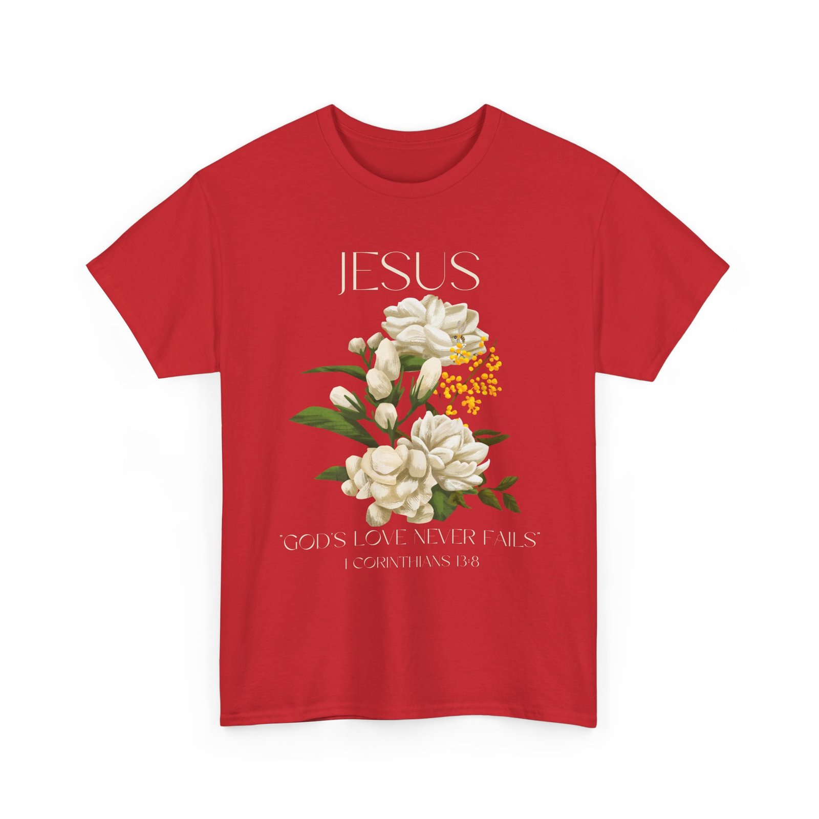 floral jesus god's love never fails graphic tee | unisex cotton t shirt for faith & inspiration, ideal for gifts, casual wear, church events, and celebrations
