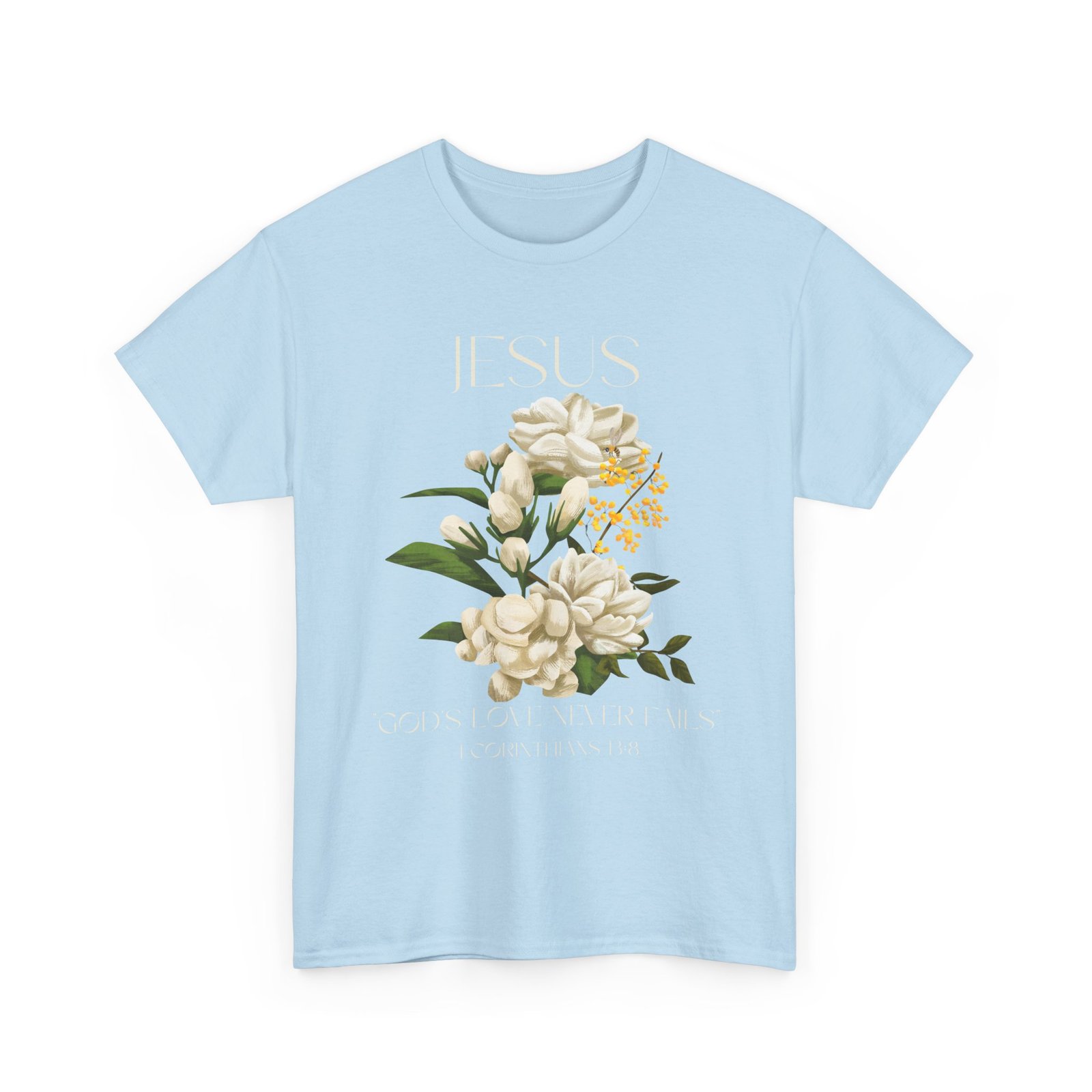 floral jesus god's love never fails graphic tee | unisex cotton t shirt for faith & inspiration, ideal for gifts, casual wear, church events, and celebrations