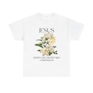 faith inspired unisex heavy cotton tee 'god's love never fails' | christian apparel, religious t shirt, gift for believers, [...]